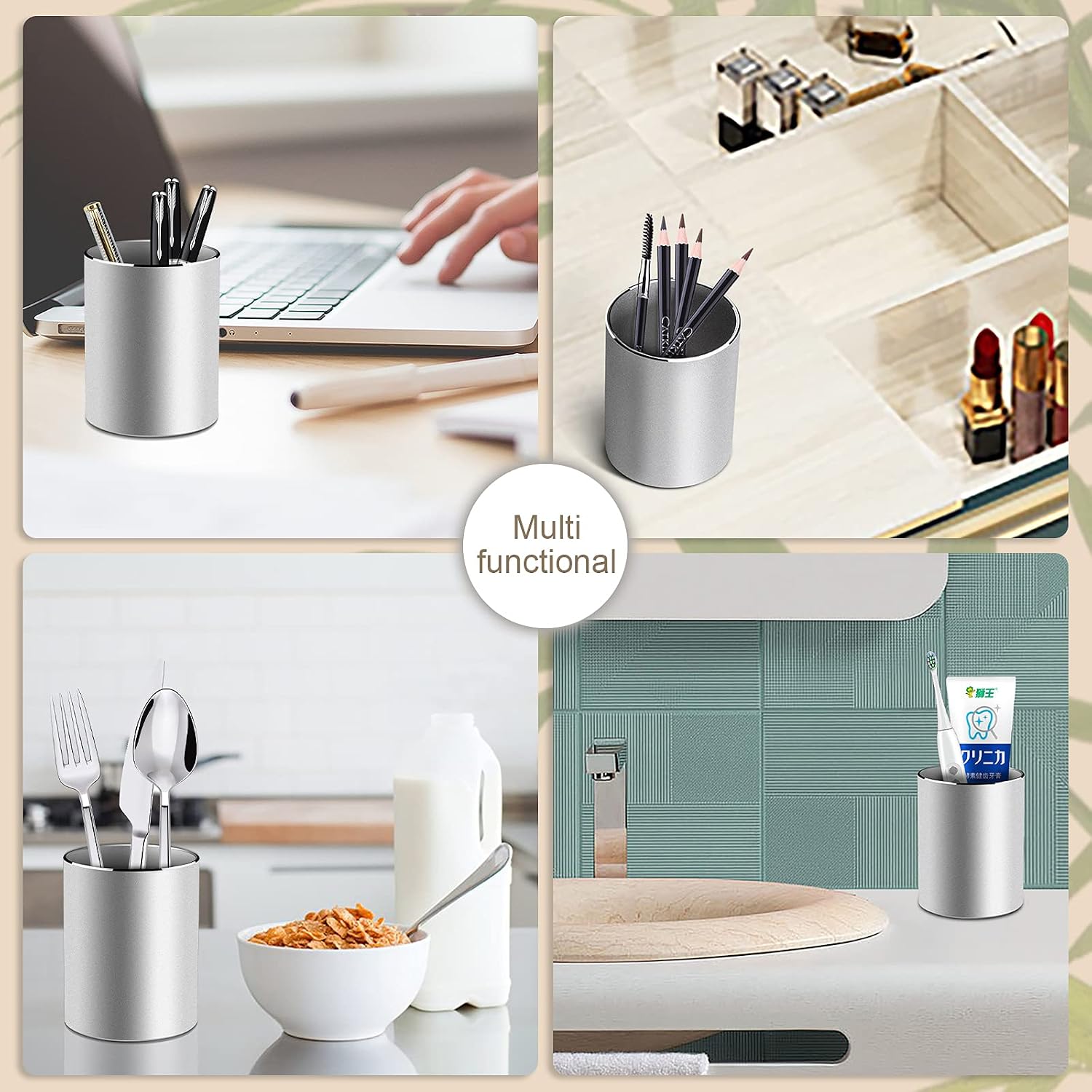 Metal Pen Holder Aluminum Pencil Holder for desk, Round Desktop Organizer and Silver Pencil Cup for Office, School, Home and Stationary Supplies (3.15 x 3.15 x 3.94 Inches) - view 5