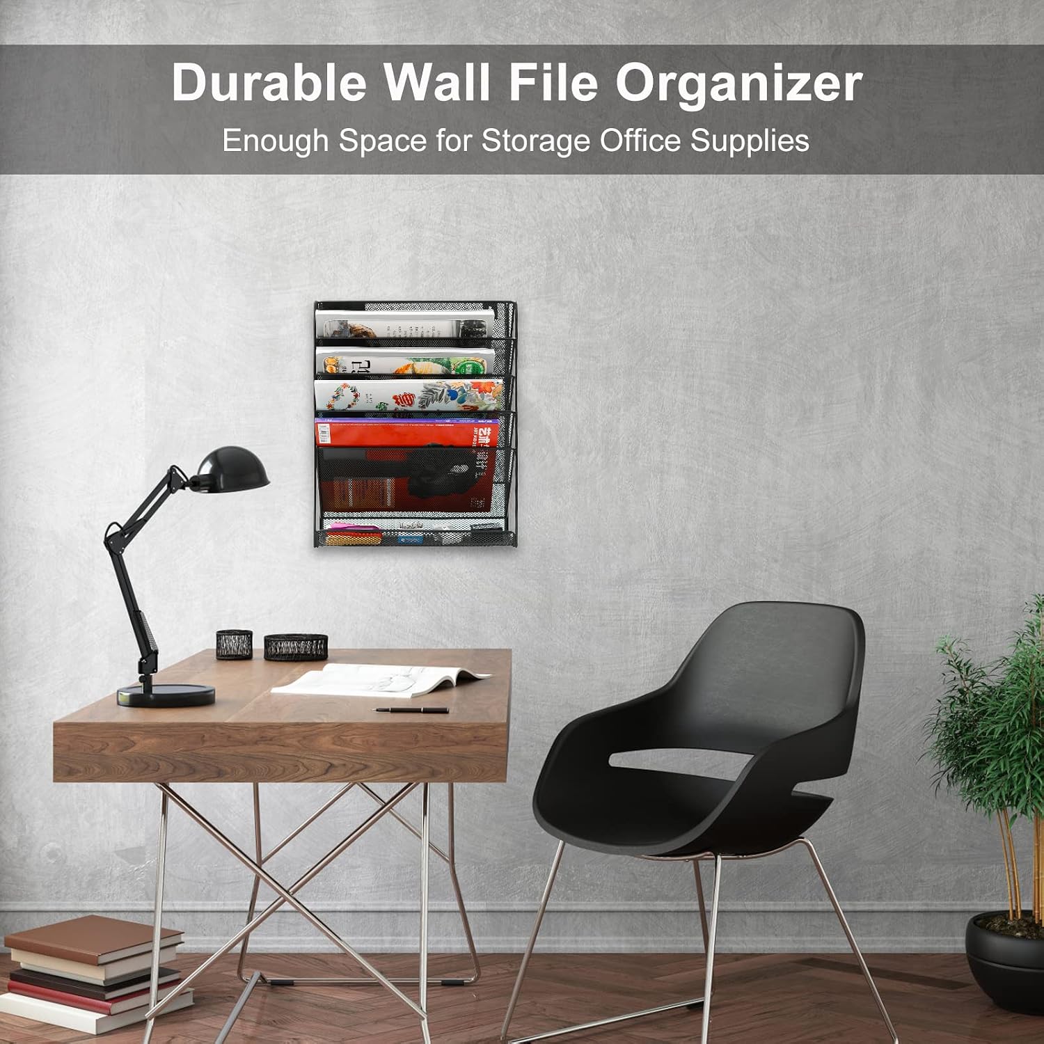 5 Tier Wall File Holder, Mesh Hanging Folder Organizer with Classify Label, Versatile Desk File Holder, Vertical Wall Mounted Mail Organizer for Office Home Cubicle, Black - view 5