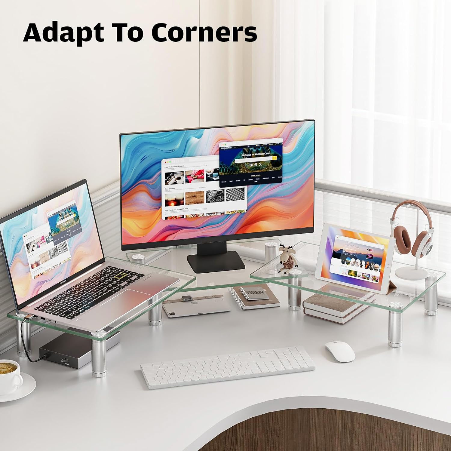 Dual Monitor Stand -Adjustable Length and Angle Dual Monitor Riser, Desktop Organizer for PC, Computer, Laptop (Clear) - view 4