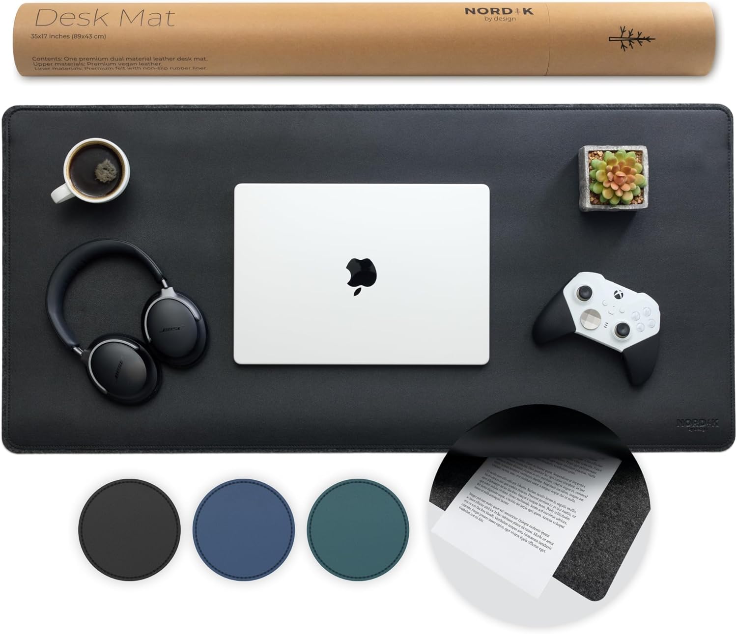 Nordik Felt and Leather Desk Mat - Dual Layer Emberwood Brown 35 x 17 in | Dual-Layered Mat Leather Desk Pad with Document Organizer - Full Desktop Mat - Large Non-slip and Waterproof Desk Blotter