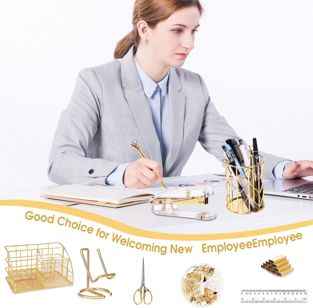 Gold Desk Organizers and Accessories Office Supplies Set Stapler, Pen Holder, Phone Holder, Scissors, Pen, Ruler, 30 Paper Clips, 22 Binder Clip, 20 Tacks and 1000pcs Staples (Gold) - view 8