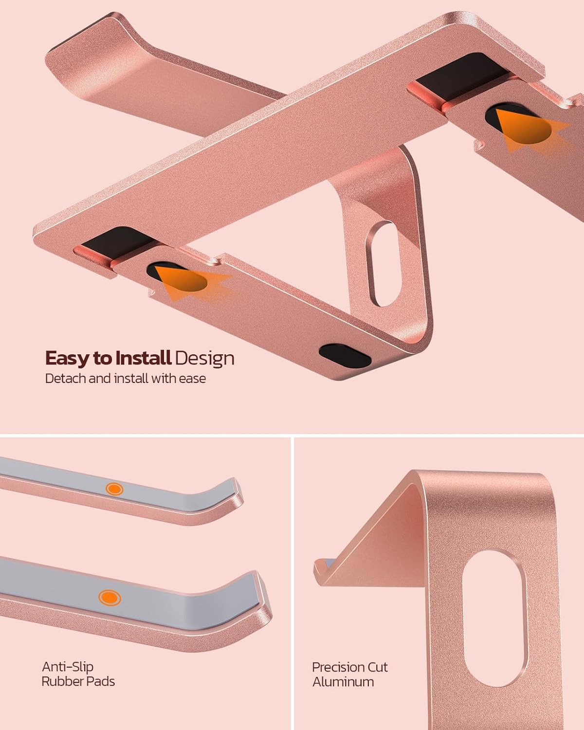 Full Aluminum Laptop Stand, Stable Support to 22 lbs, Rose Gold | Detachable for Portable Storage, Easy Setup, Saves Desk Space, Compatible with 10-16 Inch Laptops, Office Desk Accessories - view 5