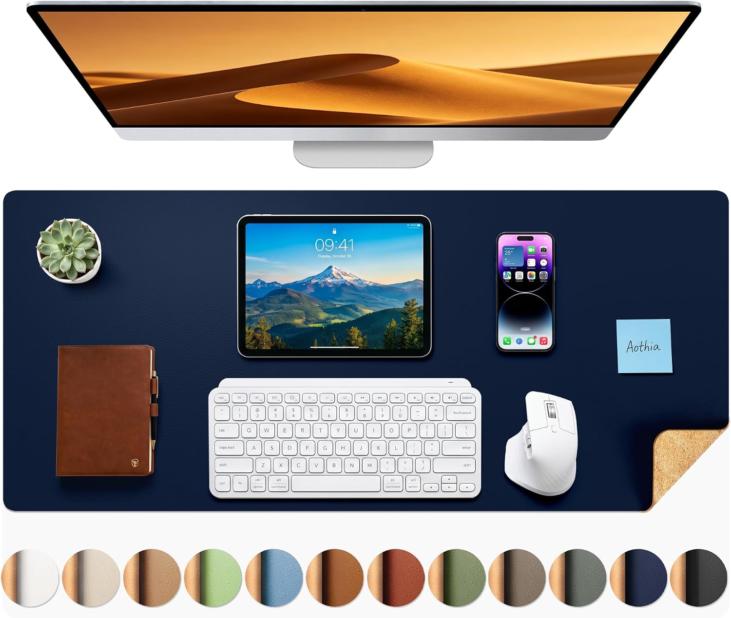 Dual-Sided Desk Mat, FSC Cork & PU Leather Desk Pad, Large Mouse Pad & Writing Surface for Daily Workspace Setup, Non-Slip Waterproof Desk Protector - 35.4" x 15.7", Dark Blue