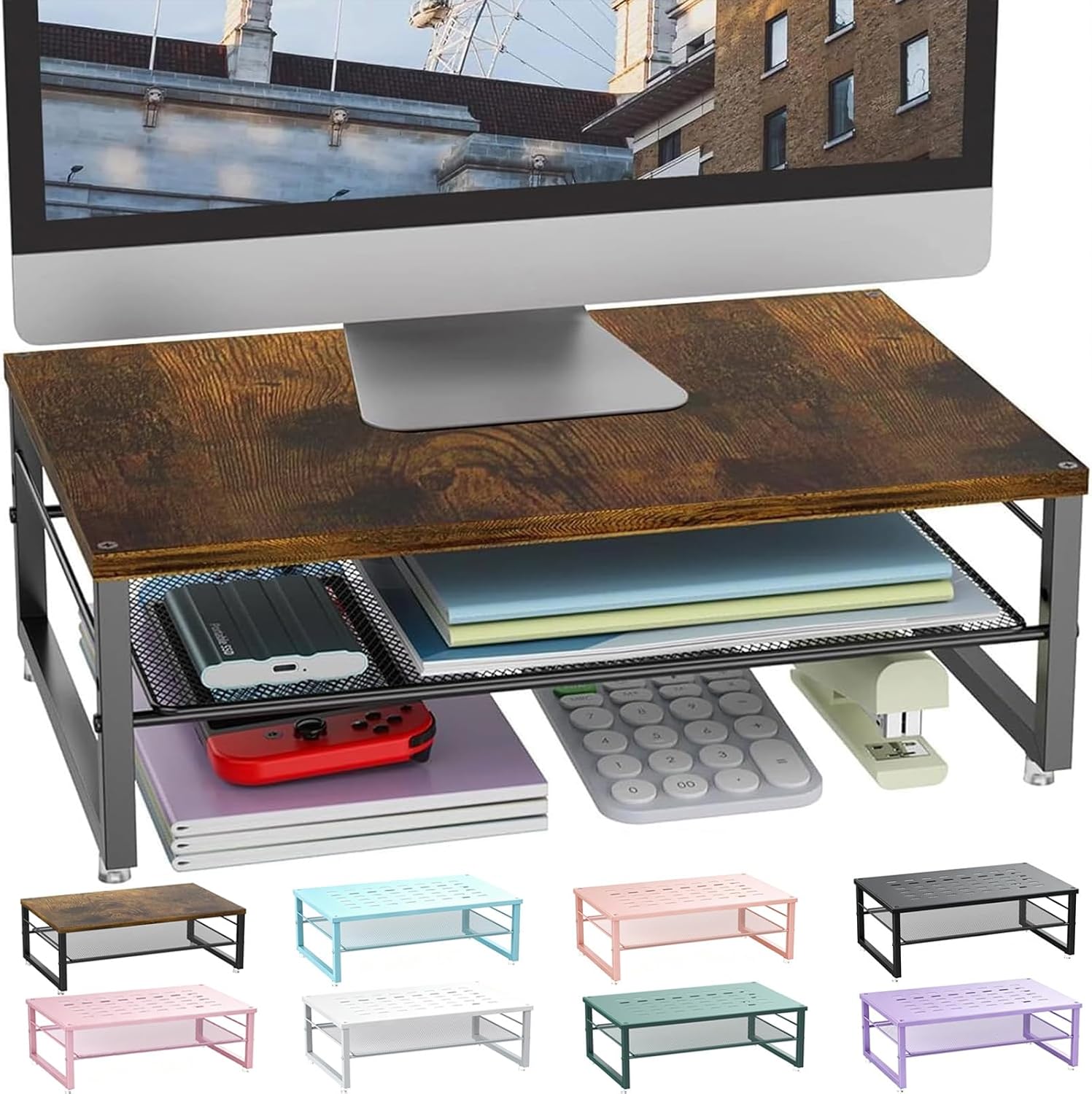 2-Tier Wood Monitor Stand Riser | Desk Organizers and Accessories, Desk Organizer for Monitor, Office Desk Storage Organizer for Office Supplies (Wood)