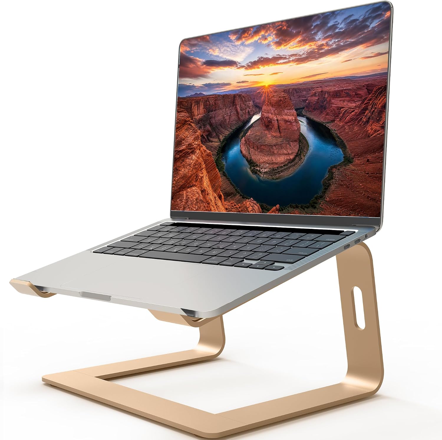 Ergonomic Laptop Stand, Premium 5mm Aluminum Riser for 10-15.6 Inch Notebook Computer, Tool-Free Detachable Elevator Holder for Desk Office, Sturdy Riser for Eye-Level Neck Relief (Gold)