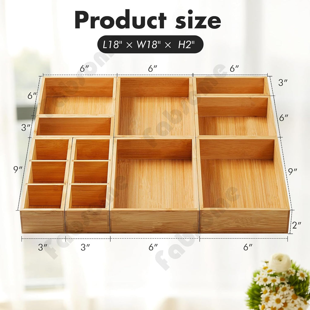 Drawer Organizer, Set of 9 Bamboo Wood Kitchen Makeup Desk Junk Tea Drawer Storage Boxes Bins for Cutlery Silverware Utensils Flatware, Small Wooden Container Tray for Bathroom, Office - view 6