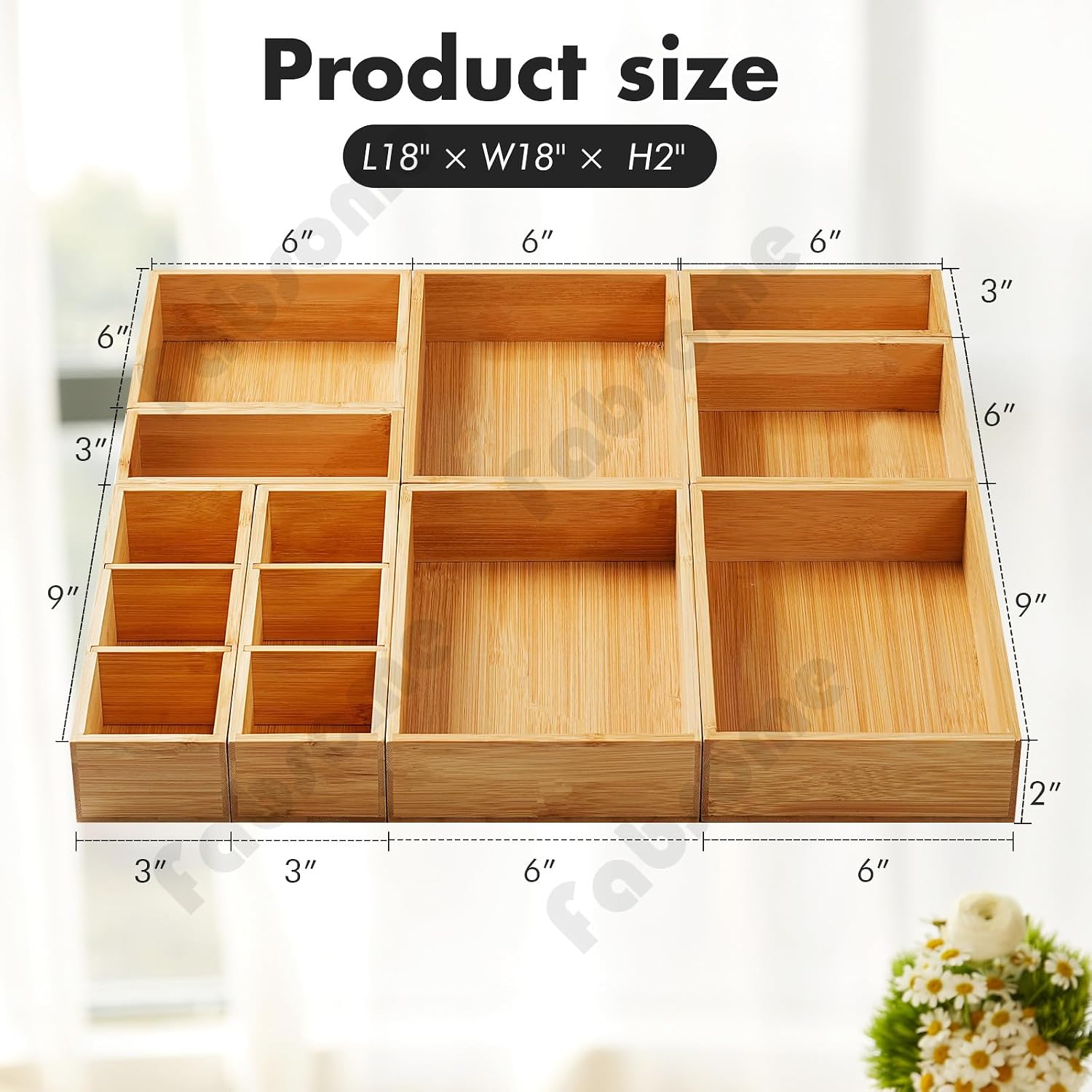 Drawer Organizer, Set of 9 Bamboo Wood Kitchen Makeup Desk Junk Tea Drawer Storage Boxes Bins for Cutlery Silverware Utensils Flatware, Small Wooden Container Tray for Bathroom, Office - view 6