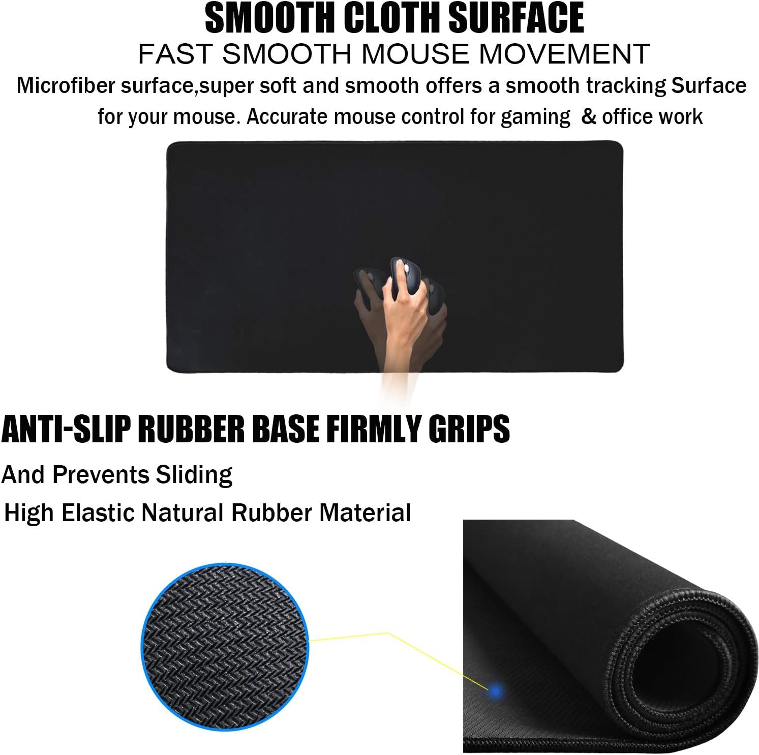 Large gaming mouse pad, extra large big mouse pad with stitched edge | mouse pad desk, XXL non-slip black computer long mousepad desk mat for gamer, office & home, black - view 3