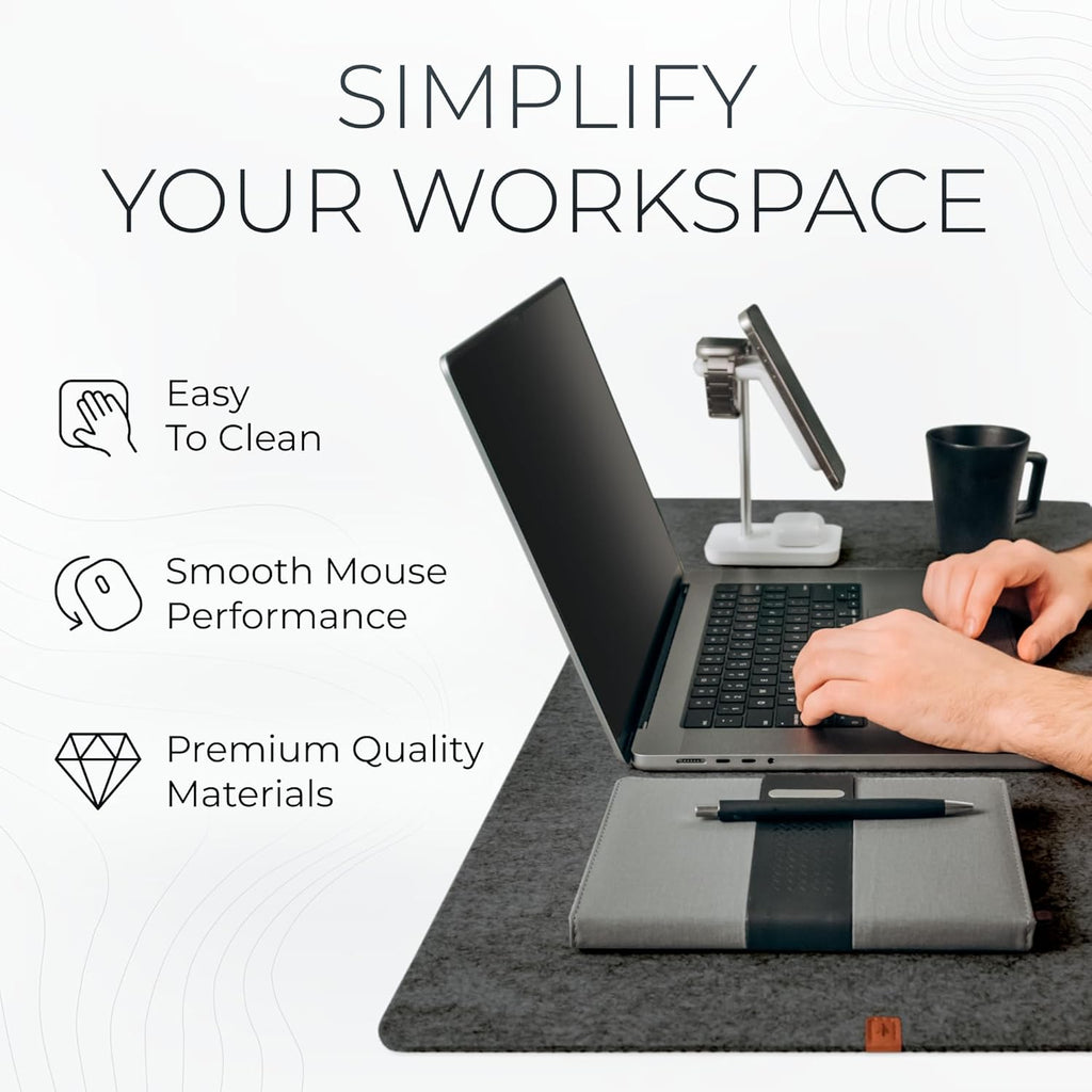 Felt desk mat - large felt desk pad - charcoal (35 x 17 inches) | premium desk mat for desktop, full desk keyboard mouse pad, high quality felt and non-slip rubber liner for home and office - view 6