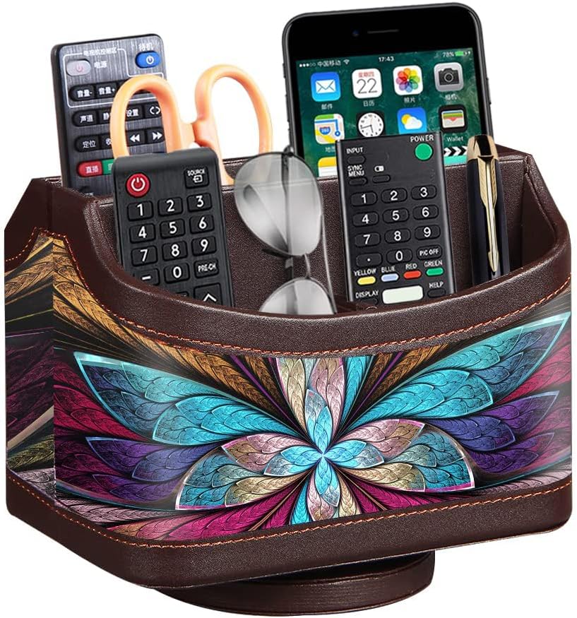 360° rotatable remote control holder, PU leather TV remote caddy for table | colorful art supply organizer pen holder, multi-functional desk organizer for nightstand, living room, home and office decor