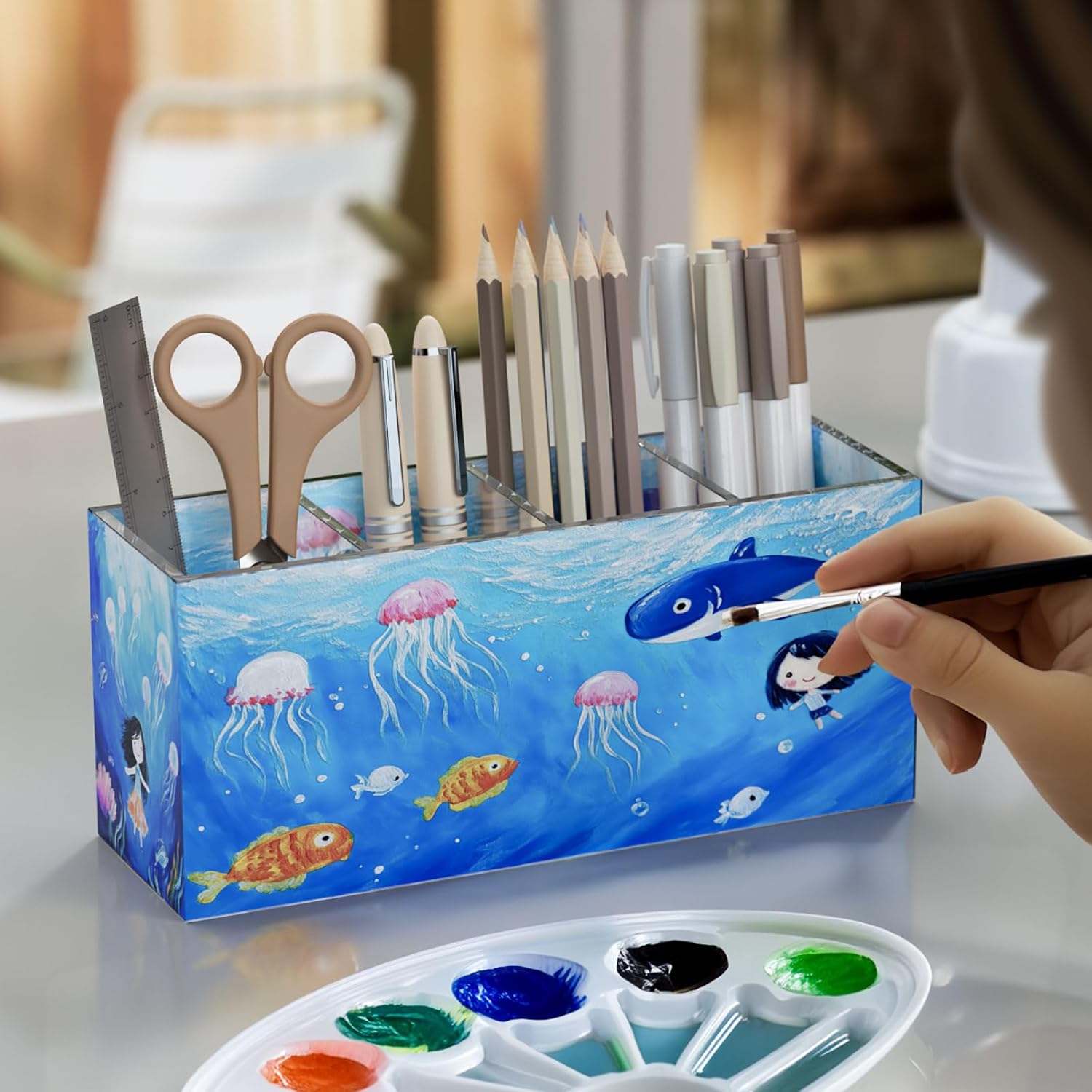 Acrylic Pen Holder 4 Compartments, Clear Desk Pencil Organizer Cup | Scratch-resistant thick acrylic with 4 slots for pens, pencils, makeup brushes, office, vanity and school use - view 5