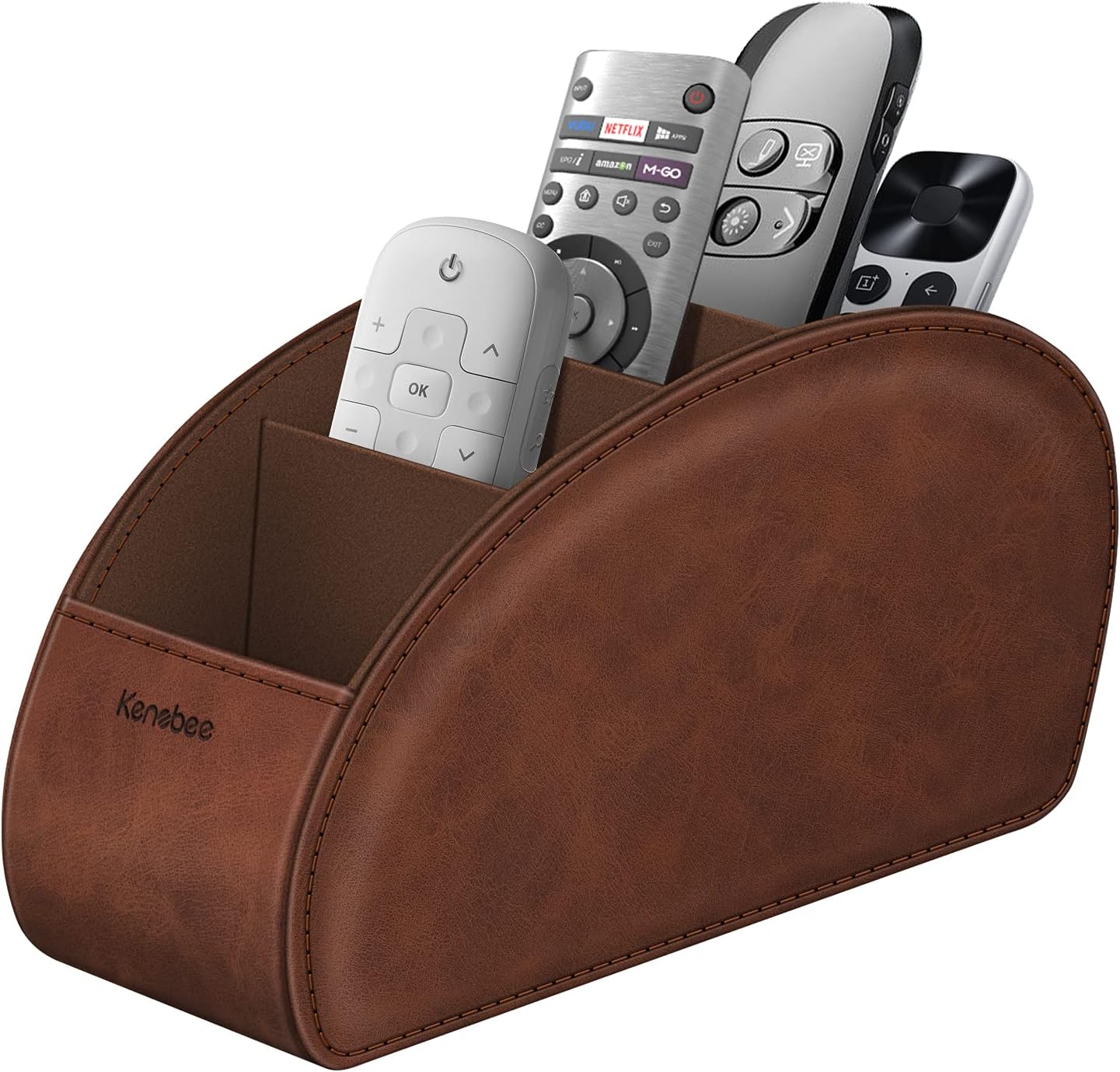 Remote control holder with 5 compartments, brown | vegan leather, anti-slip, desktop caddy storage organizer, for office supplies, makeup brush, media accessories