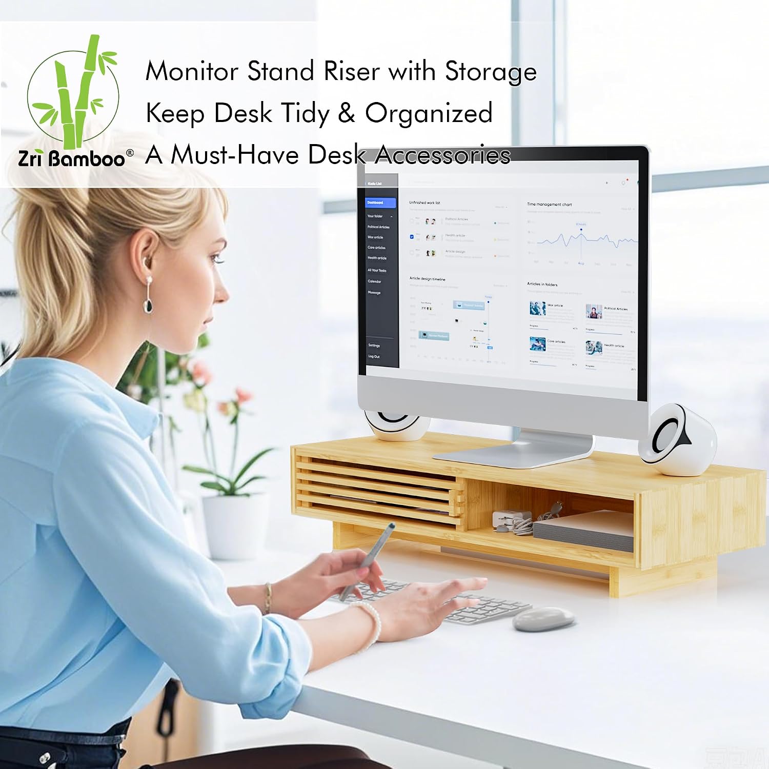 Computer Monitor Stand with Drawer, Dual Laptop Stand for Desk,Single Monitor Riser with Storage,Wood Office Desk Organizer & Accessories - view 3