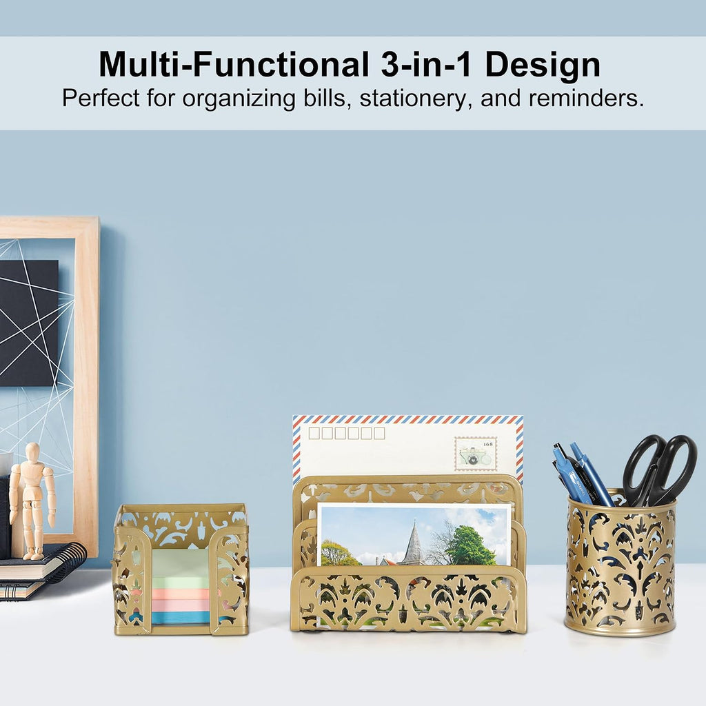 Desk Organizers and Accessories 3 Pieces Office Organizer Set - Pen Holder for Desk, Mail Sorter Countertop and Sticky Note Holder, Gold - view 2