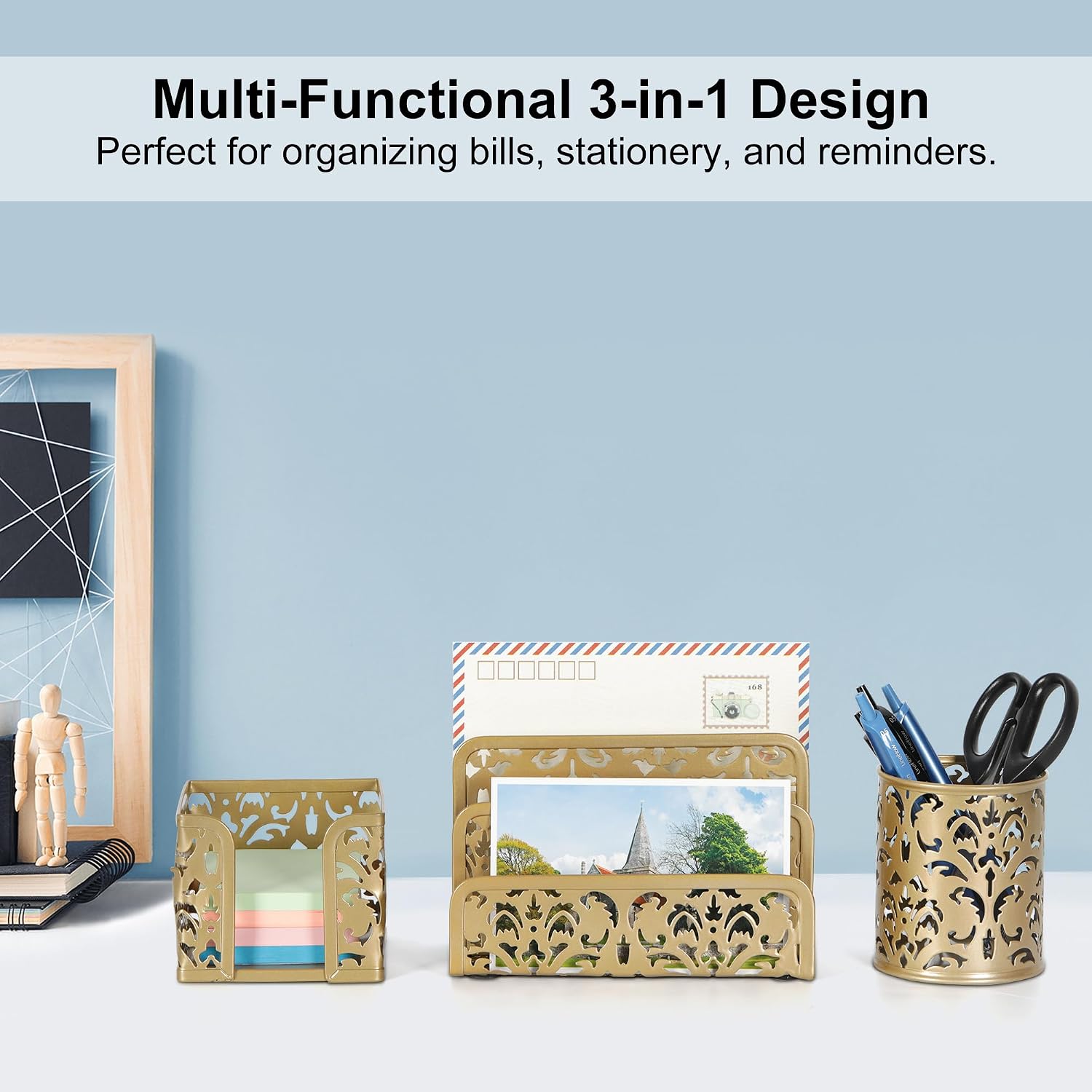 Desk Organizers and Accessories 3 Pieces Office Organizer Set - Pen Holder for Desk, Mail Sorter Countertop and Sticky Note Holder, Gold - view 2
