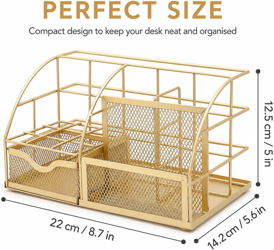 Desk Organizer Metal Mesh 7 Compartments Office Tidy Caddy Gold | Compact Gold Metal Mesh Design with Drawer and Multi Size Sections for Pens Notes Papers and Home Office Items - view 2
