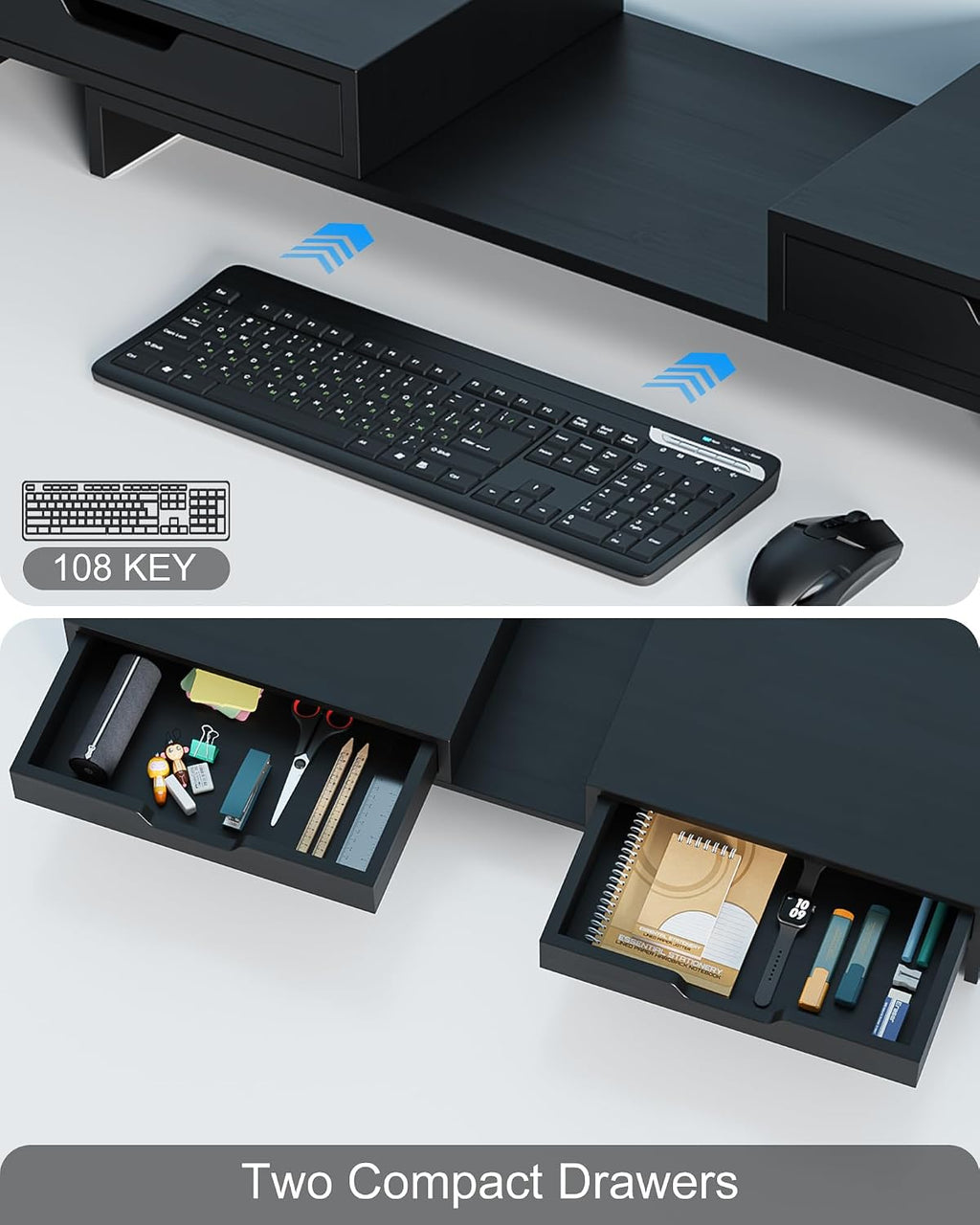 Dual Monitor Riser with Two Drawer for Desk, No Assembly Required | Premium Bamboo Dual Monitor Stand with Storage, Desk Monitor Shelf for Computer, IMac & Laptop, Desk Organizer, Black - view 3