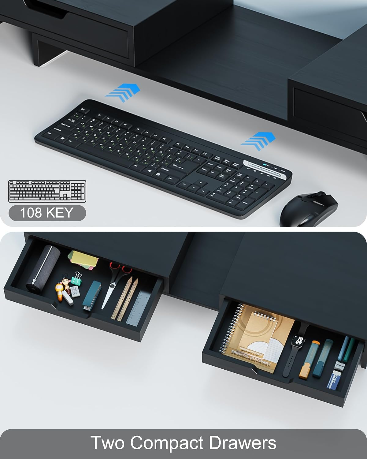Dual Monitor Riser with Two Drawer for Desk, No Assembly Required | Premium Bamboo Dual Monitor Stand with Storage, Desk Monitor Shelf for Computer, IMac & Laptop, Desk Organizer, Black - view 3