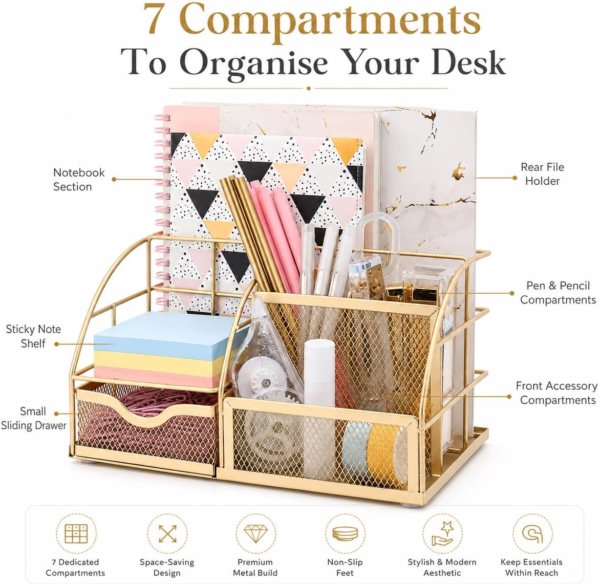 Desk Organizer Metal Mesh 7 Compartments Office Tidy Caddy Gold | Compact Gold Metal Mesh Design with Drawer and Multi Size Sections for Pens Notes Papers and Home Office Items - view 3