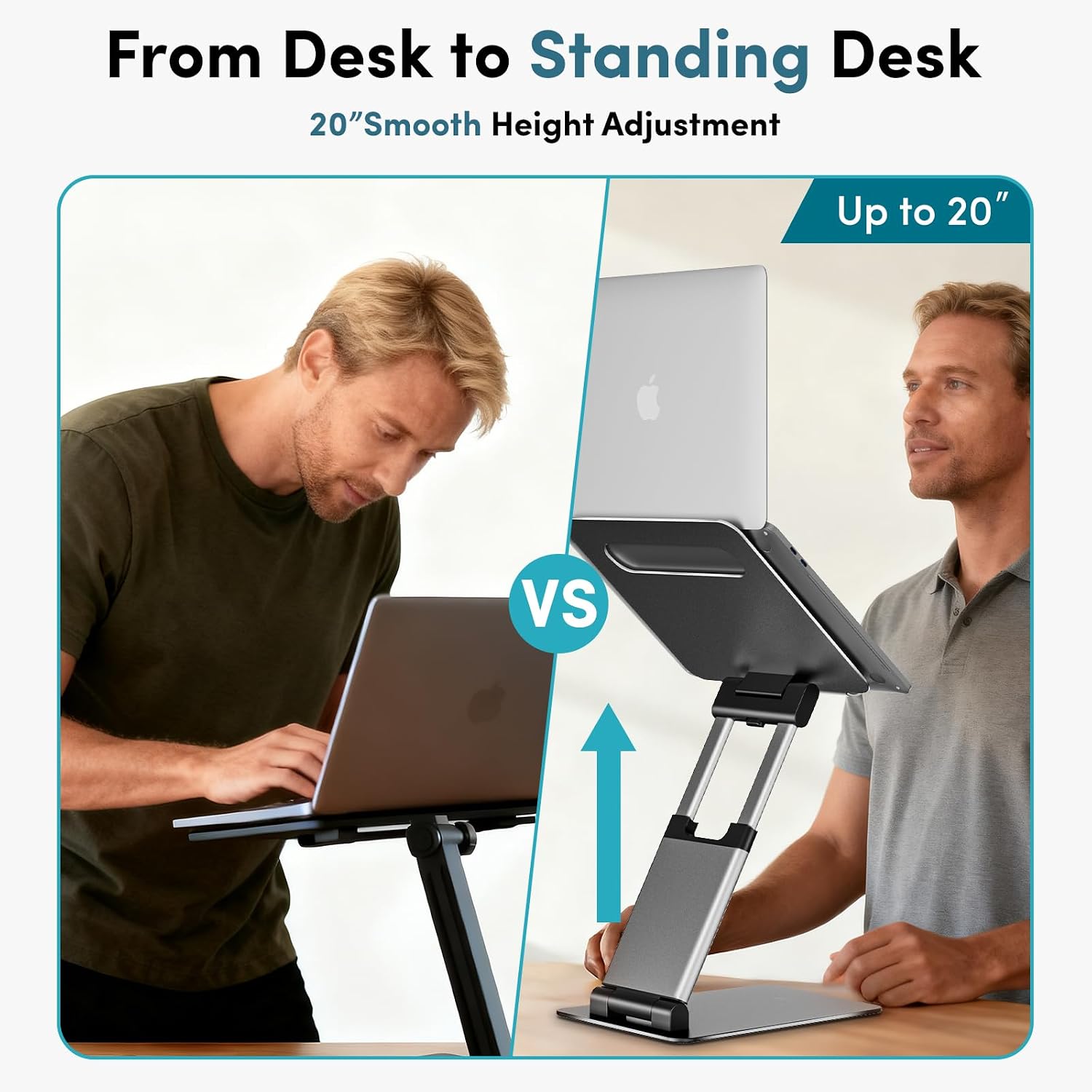 Aluminum Adjustable Laptop Stand, Extra Tall 20" Riser, Grey | Ergonomic Portable Foldable Computer Stand, Fits 10-17” Laptops for Office Meetings, Teamwork & Desk Setup - view 2