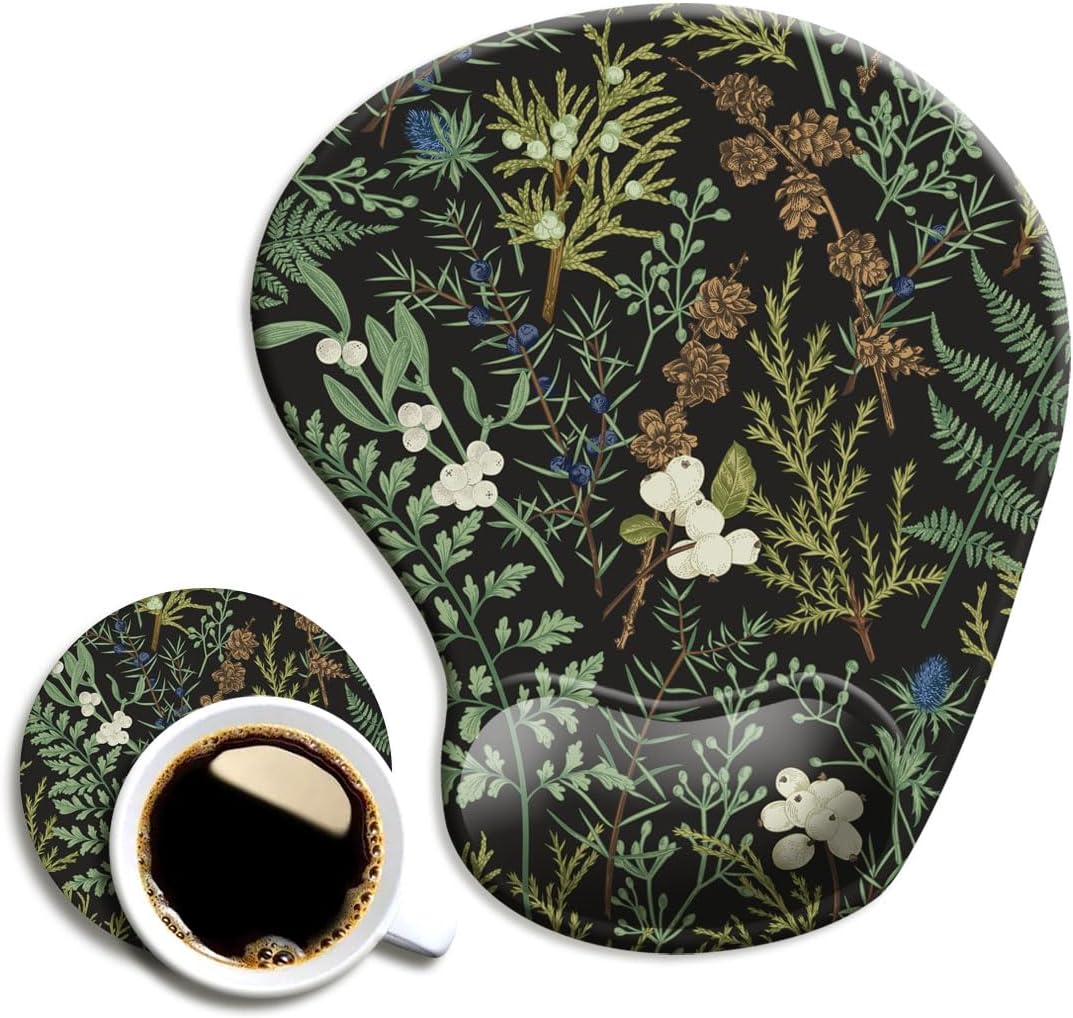 Ergonomic mouse pad with wrist support and coaster, mouse pads with non-slip PU base for home office working studying easy typing & pain relief botanical flowers