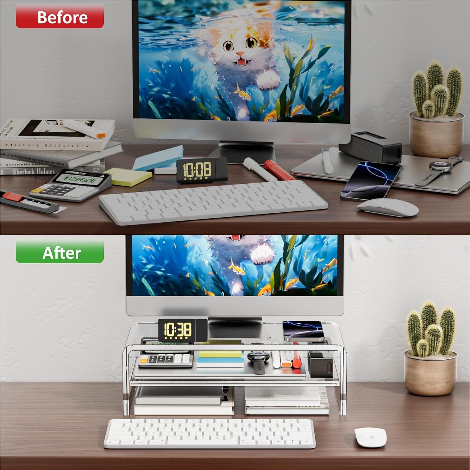 Acrylic Monitor Stand, 2 Tiers Clear Monitor Riser Computer Stand for Office, Home, Office, 5.12 Inches Hight PC Desk Stand for Keyboard Storage, Premium Platform for Laptop Printer TV Screen | for Office, Home, Office, PC Desk Stand for Keyboard Storage, - view 4