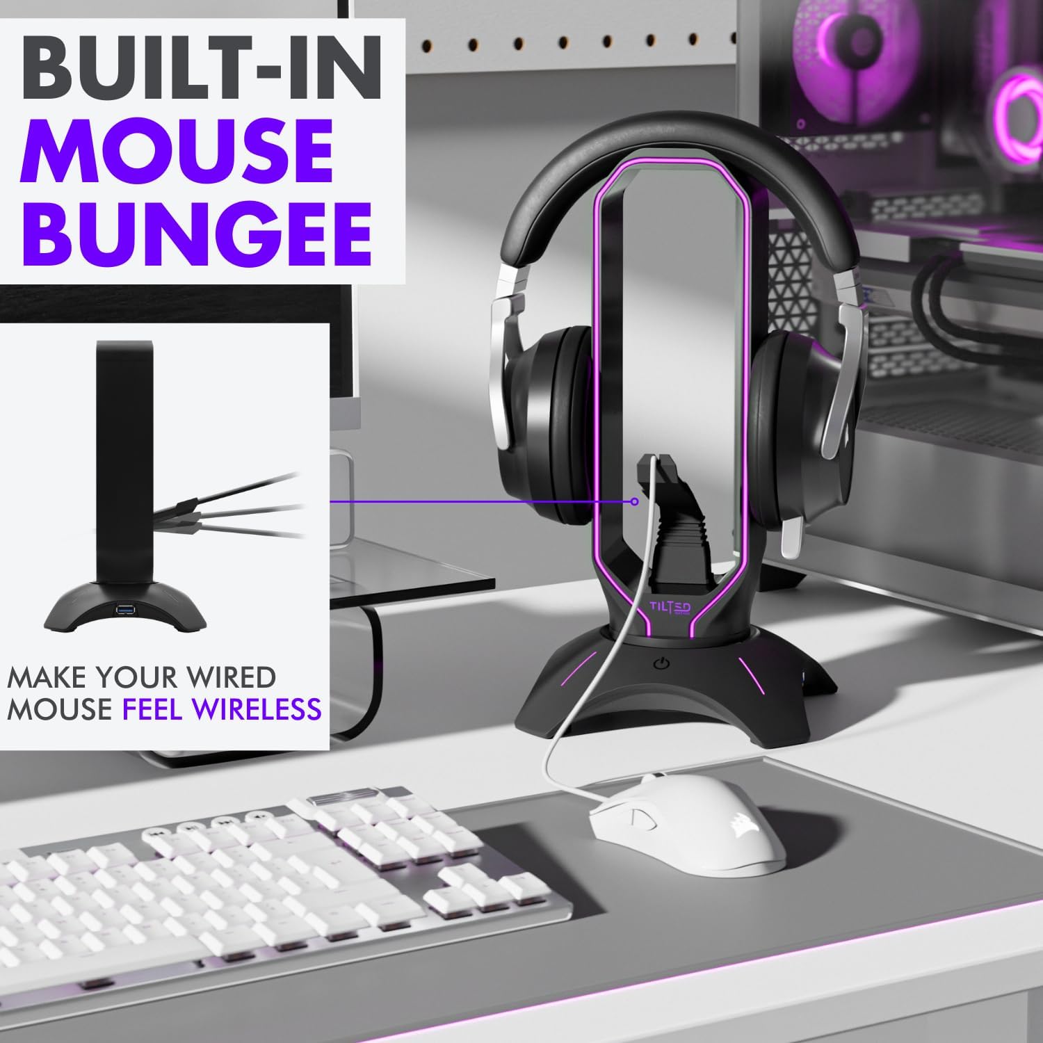 Gaming Headset Stand | RGB Headphone Stand for Desk with Mouse Bungee and USB Hub (Cool and Clean Setup) Gaming Headset Holder - Perfect Gamer Gift Accessory - view 5