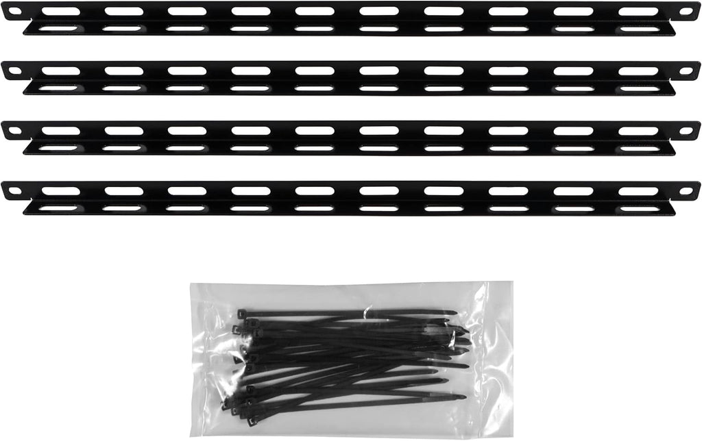 Rack Cable Management Tie Bar Kit - Includes 4X 1U Tie Bars, 24 Zip Ties, 8 Cage Nuts, & 8 Screws - Works with 19" Open Frame Racks & Enclosures