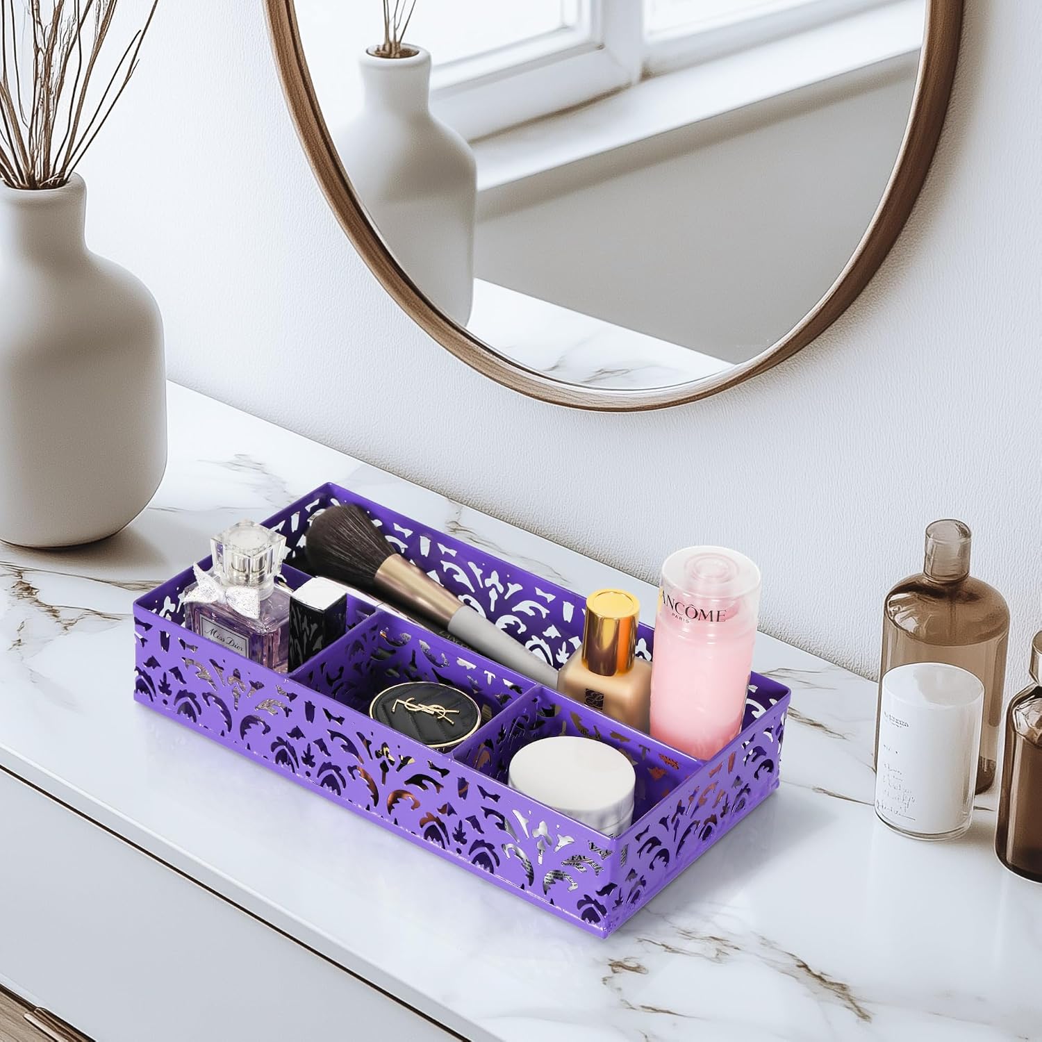 Desk Drawer Organizer with 4 Compartments, Carved Hollow Floral Metal Tray for Office, Jewelry, Cosmetics - No Assembly, Purple - view 6