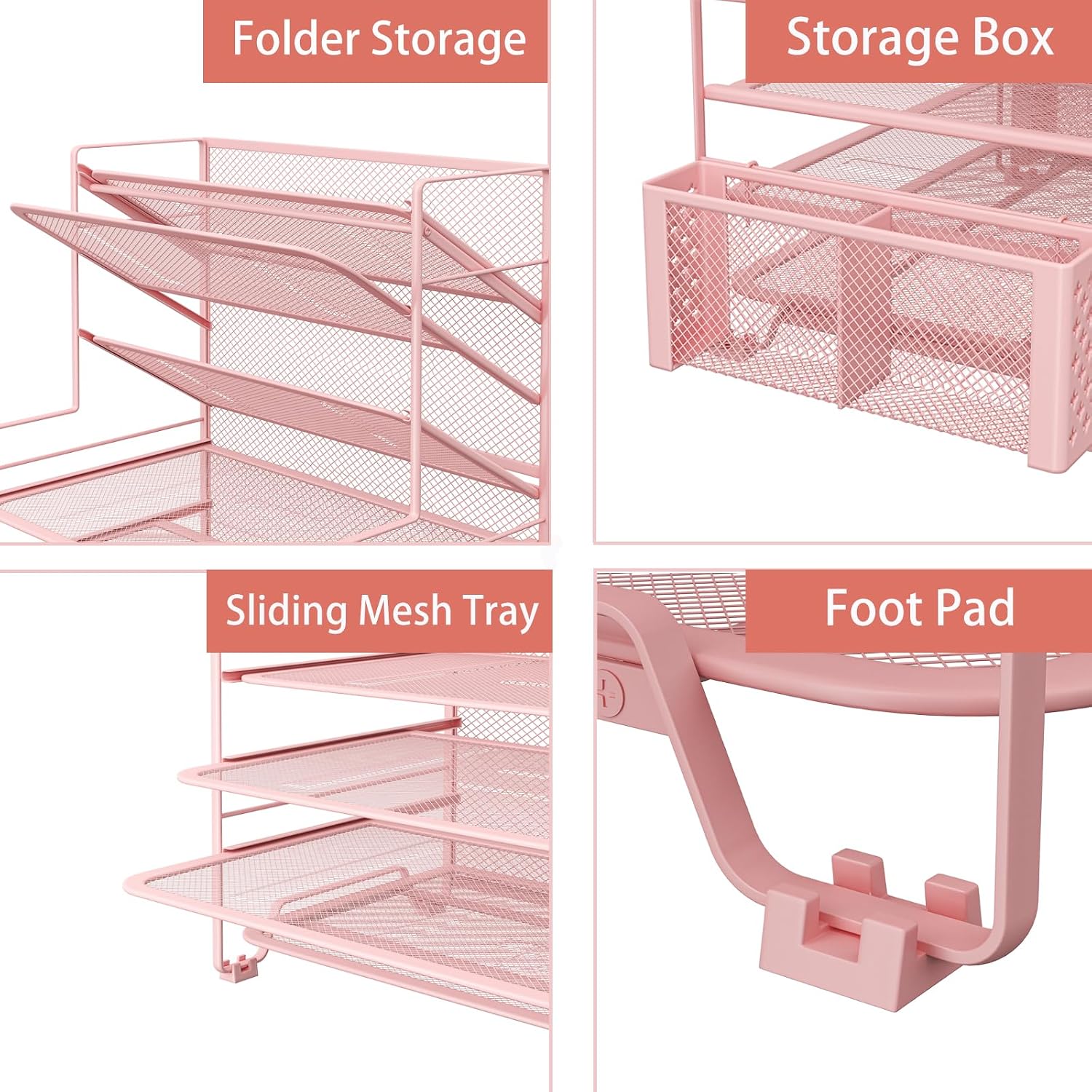 7 Tier Desk File Organizer, Letter Tray Paper Organizer with Pen Holder and Metal Hanging Basket, Pink - view 4