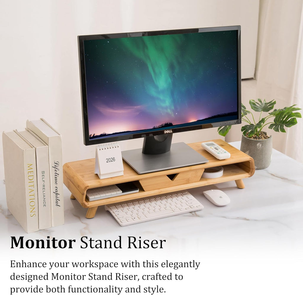 Bamboo Monitor Stand Riser, No Assembly Required Exquisite Monitor Stand with Drawer Ergonomic Height Wood Monitor Stand - view 6