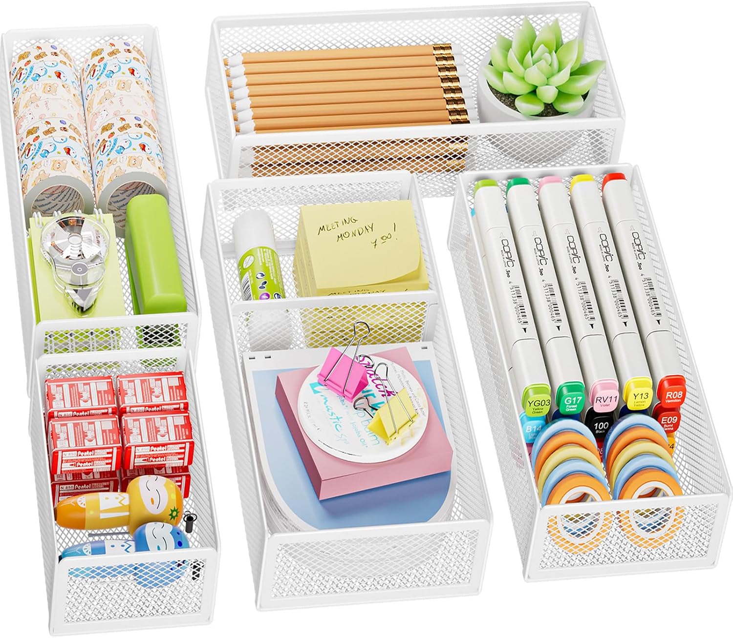 5 Pack Desk Drawer Organizer Set, Mesh Drawer Storage Trays with 1 Adjustable Divider, Desk Organizers and Accessories, 5 PCS Drawer for Office Supplies, Makeup & Vanity (Black) - view 8