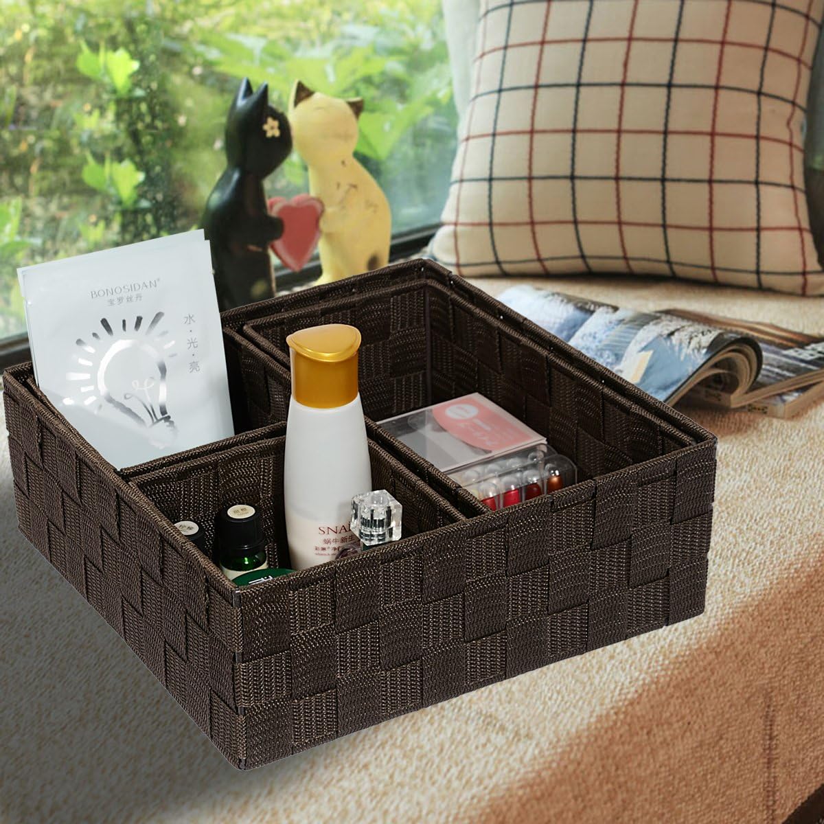 Woven Storage Baskets for Organizing, Small Baskets Cube Bin Container Tote Organizer Divider for Drawer, Closet, Shelf, Dresser, Set of 4(Brown) - view 2