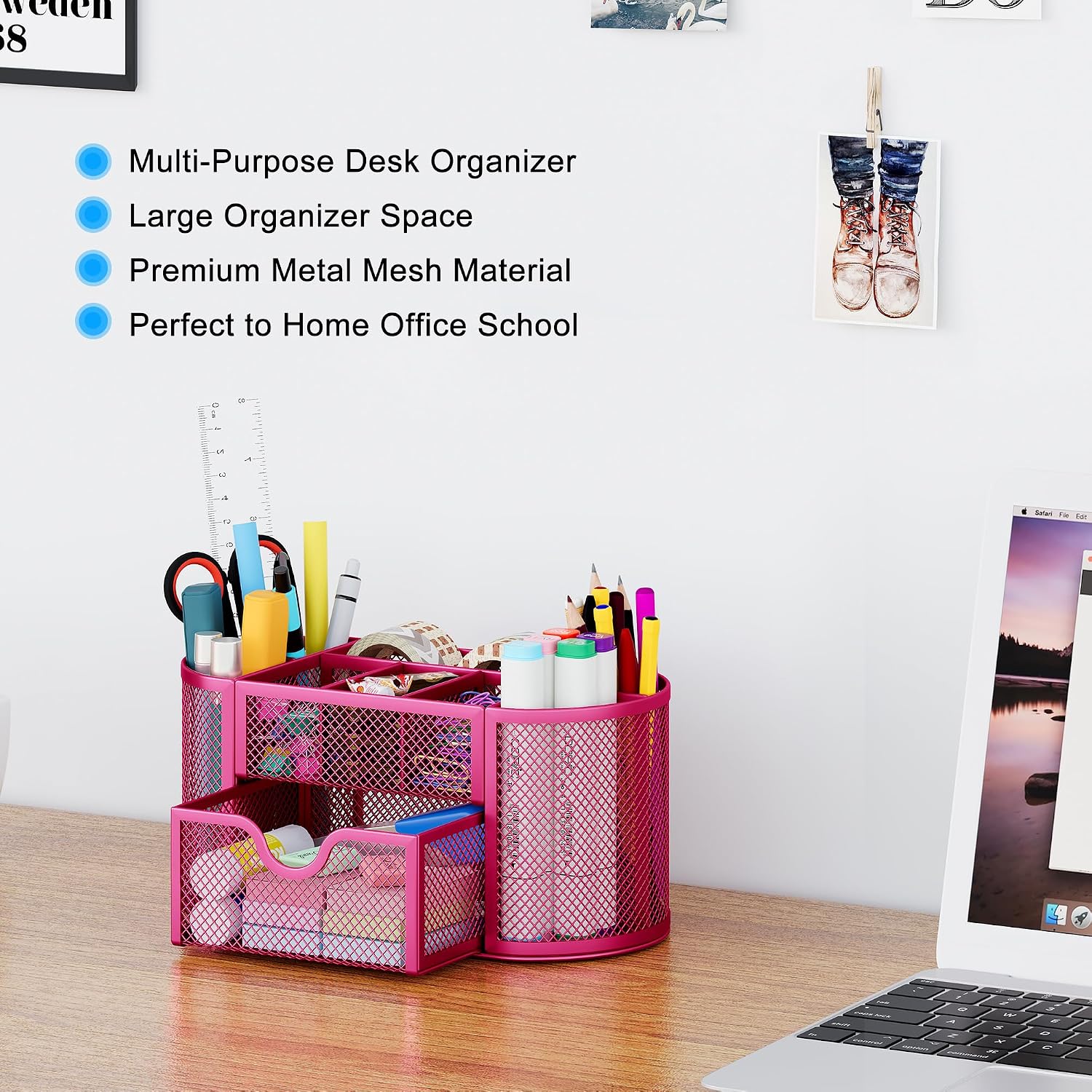 Mesh Pen Holder Desk Organizer with Drawer Stationery Supplies Organizer for Dorm School 9 Compartments Workspace Desk Accessories Organization for Office, Hot Pink - view 3