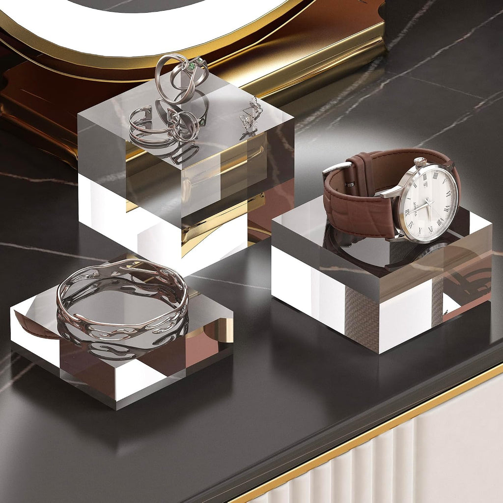 Acrylic Display Stands, 3 Graduated Sizes Acrylic Block Riser for Displaying Collection, Crystal Clear Acrylic Cube Pedestals for Jewelry Glass, Gem and Collectables, 1set