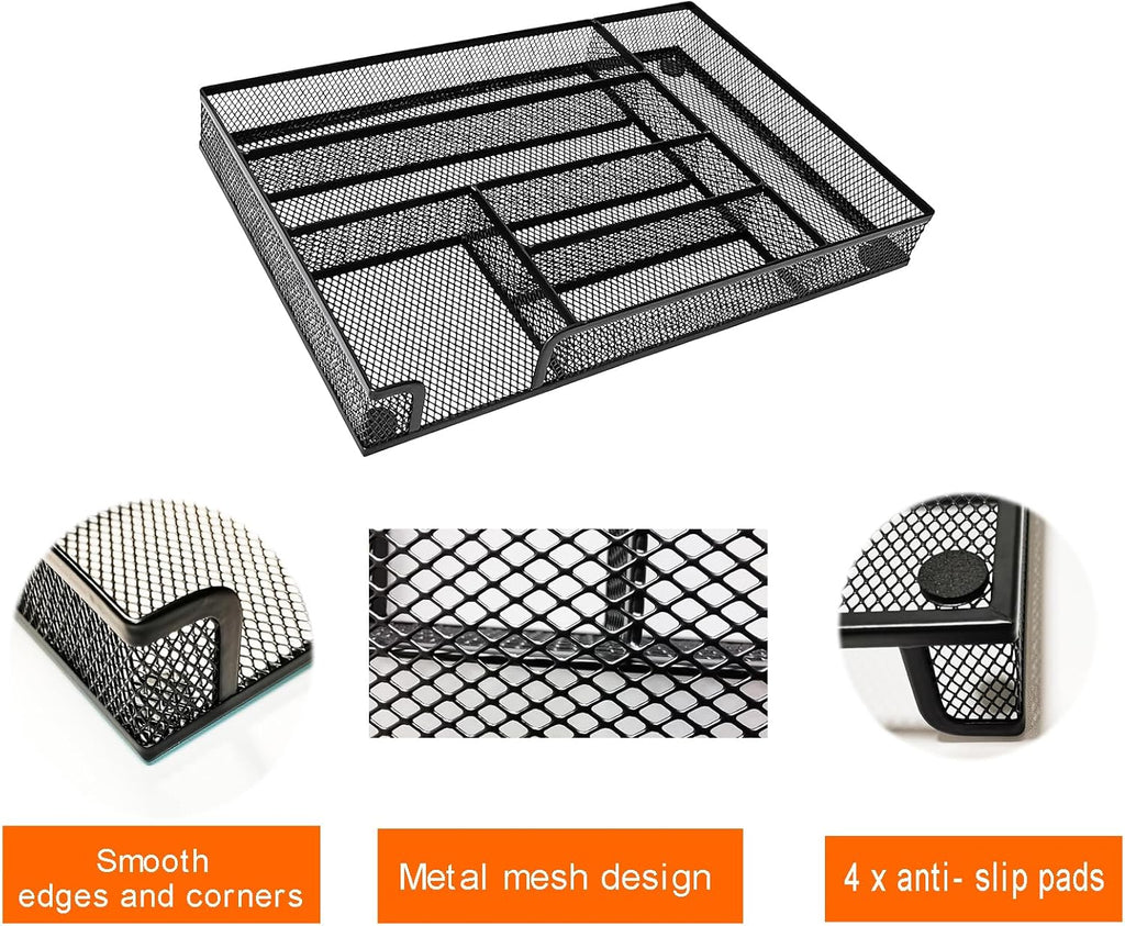 Metal Mesh Desk Drawer Organizer Tray, 6-Compartment Office Drawer Organizer for Pens Supplies, 12.6"x8.27"x1.57" Black - view 5