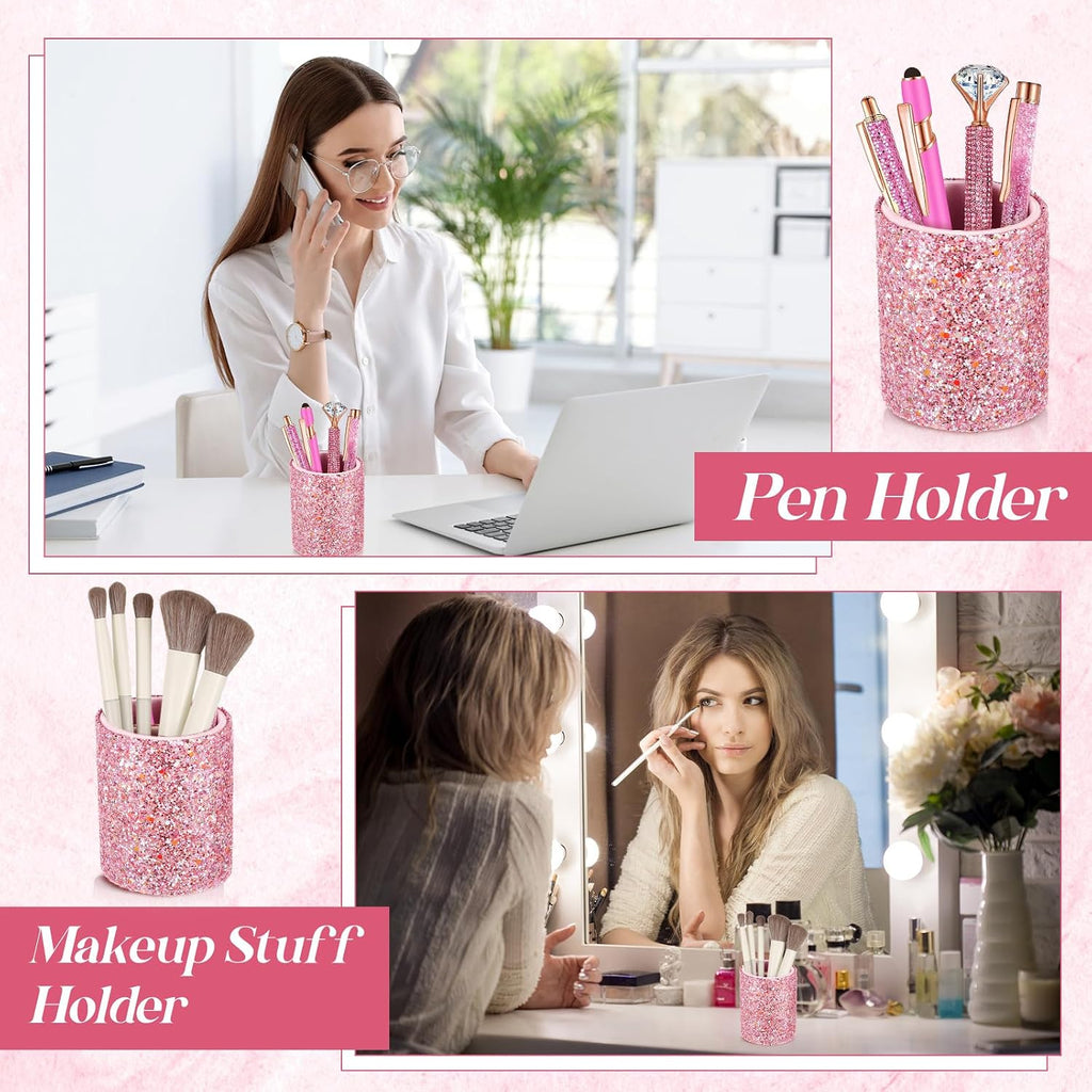 8 Pcs Shiny Pink Pens with Pen Holder for Desk Glitter Crystal Diamond Cute Ballpoint Fancy Pencil Holder Bling Desk Organizer for Women Girls School Office Supplies Wedding Graduation Gifts - view 4