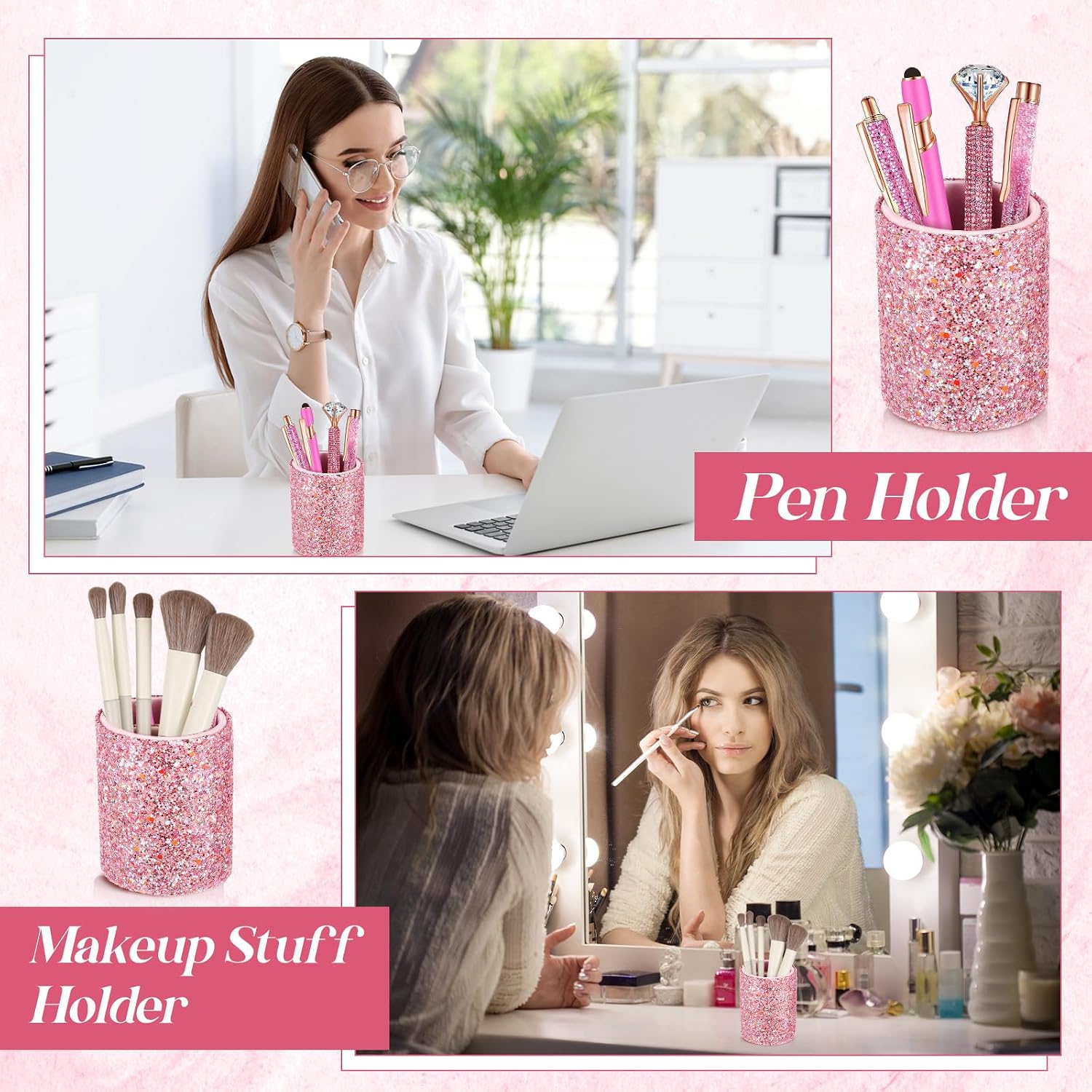 8 Pcs Shiny Pink Pens with Pen Holder for Desk Glitter Crystal Diamond Cute Ballpoint Fancy Pencil Holder Bling Desk Organizer for Women Girls School Office Supplies Wedding Graduation Gifts - view 4