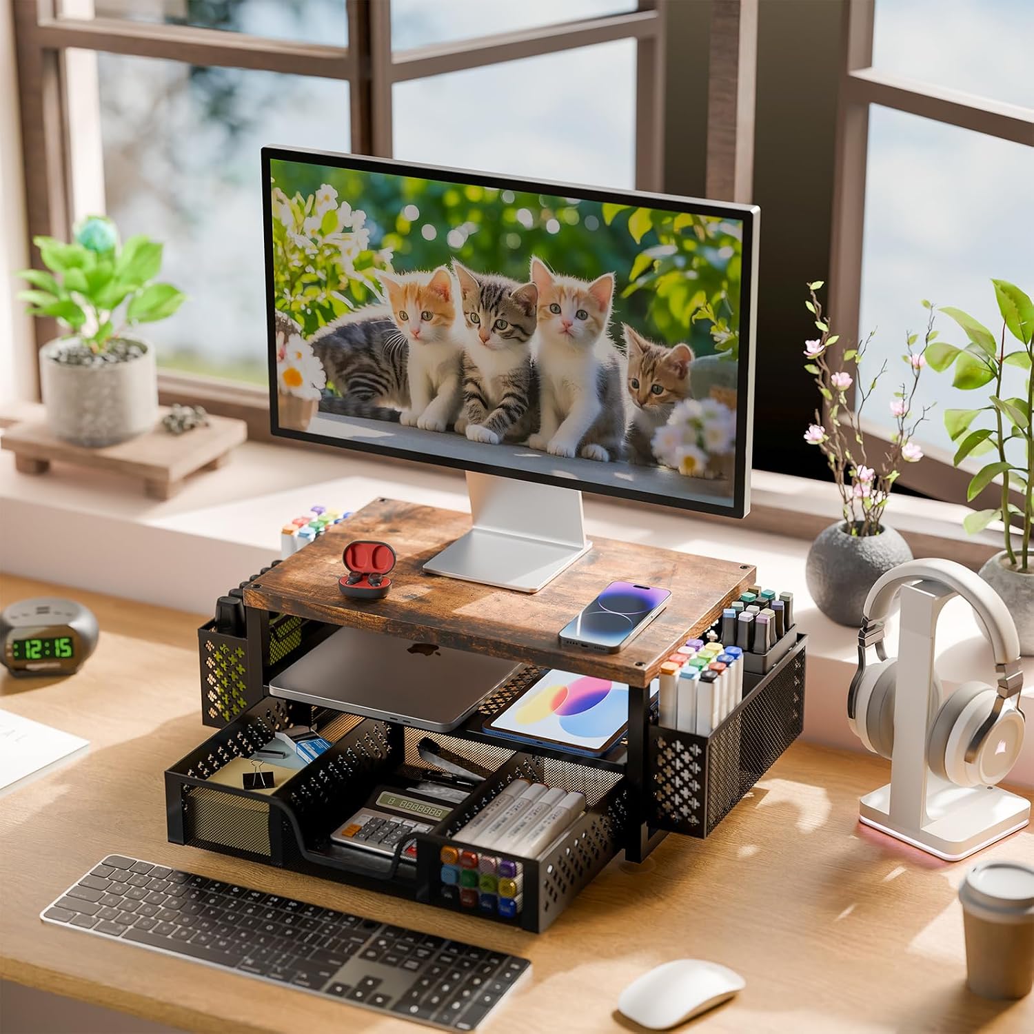Monitor Stand with Drawer, 2-Tier Laptop Stand, Wood | Desk Organizers and Accessories with Drawer and 2 Pen Holders, Wood + Metal Stand Riser for Home Office, 20"W x 10"D x 5.8"H - view 4