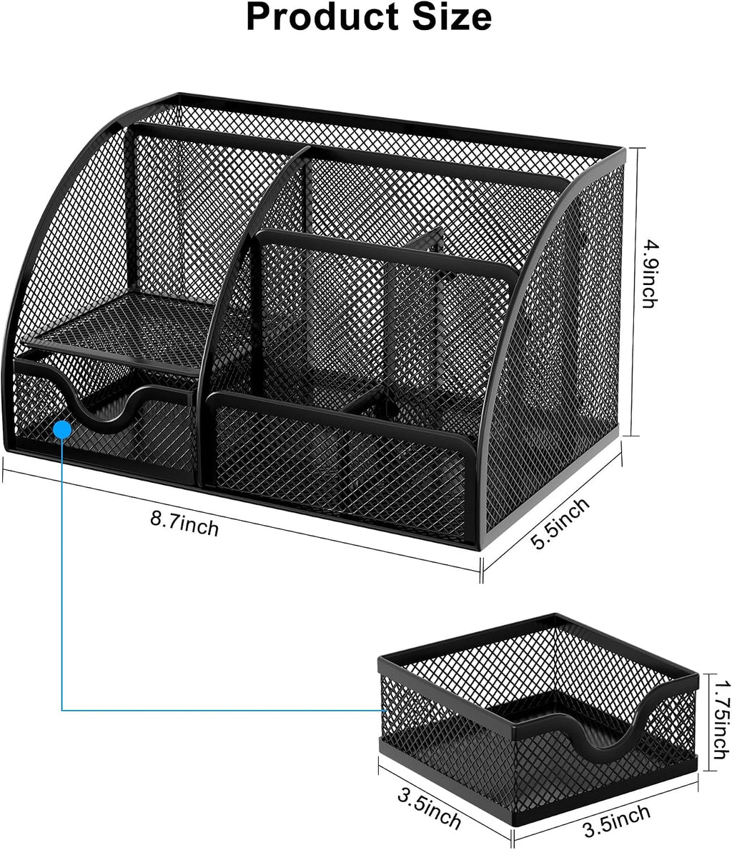 Mesh Desk Organizer with Drawer Multi-functional Pen Holder Stationery Organizer for Office School Supplies 6 Compartments Dorm Organizers and Storage for Desk, Black - view 7