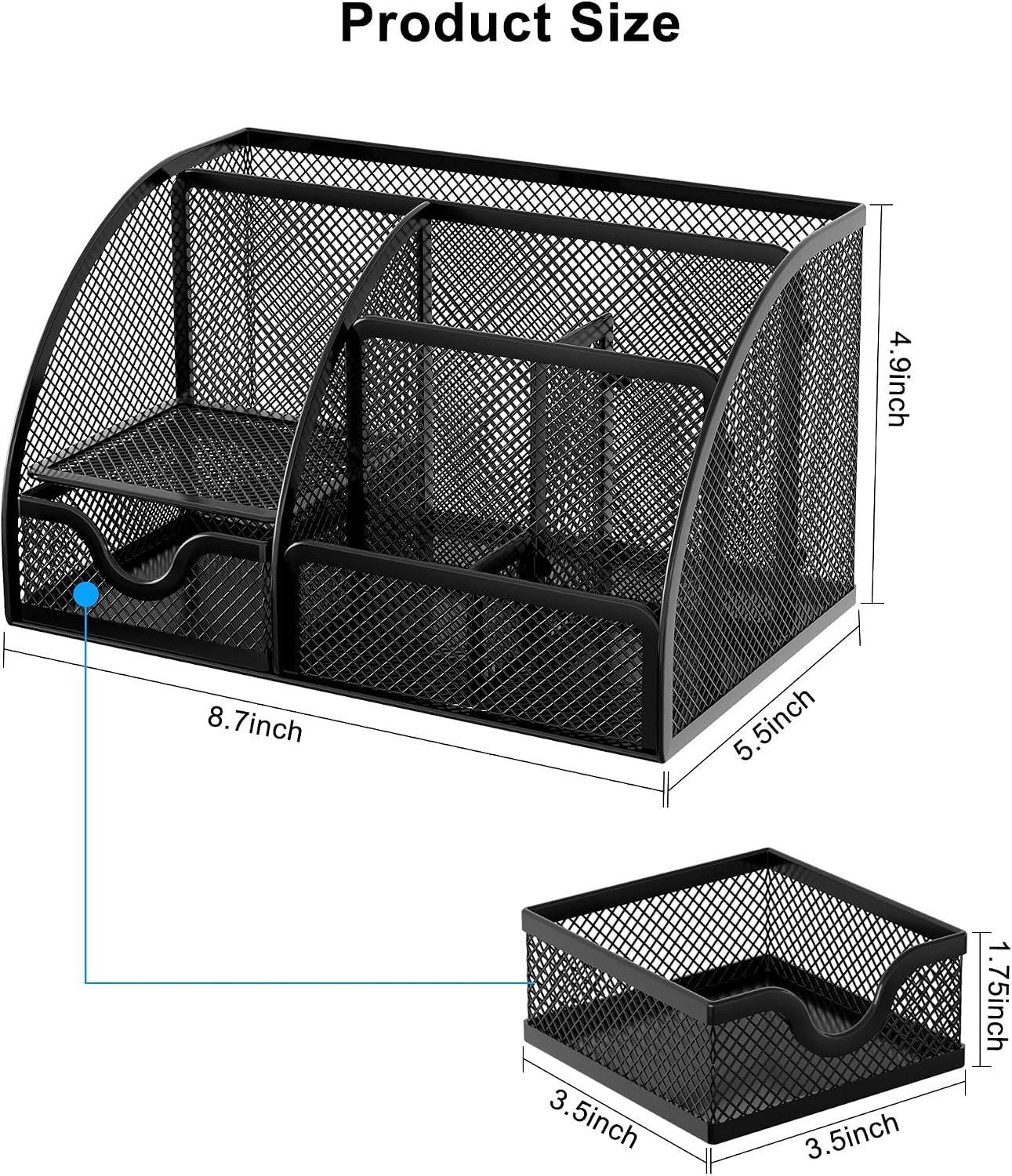 Mesh Desk Organizer with Drawer Multi-functional Pen Holder Stationery Organizer for Office School Supplies 6 Compartments Dorm Organizers and Storage for Desk, Black - view 7