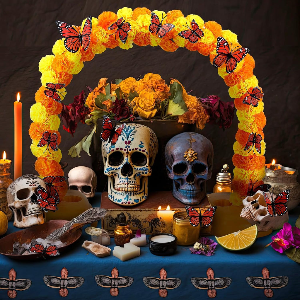 80 Silk Marigold Flowers Arch Kit, 40 Inch with 12 Butterfly | Day of the Dead Altar Decor, Artificial Flower Heads for Dia De Los Muertos Diwali, Orange Marigold Blooms, Table Setup - view 6