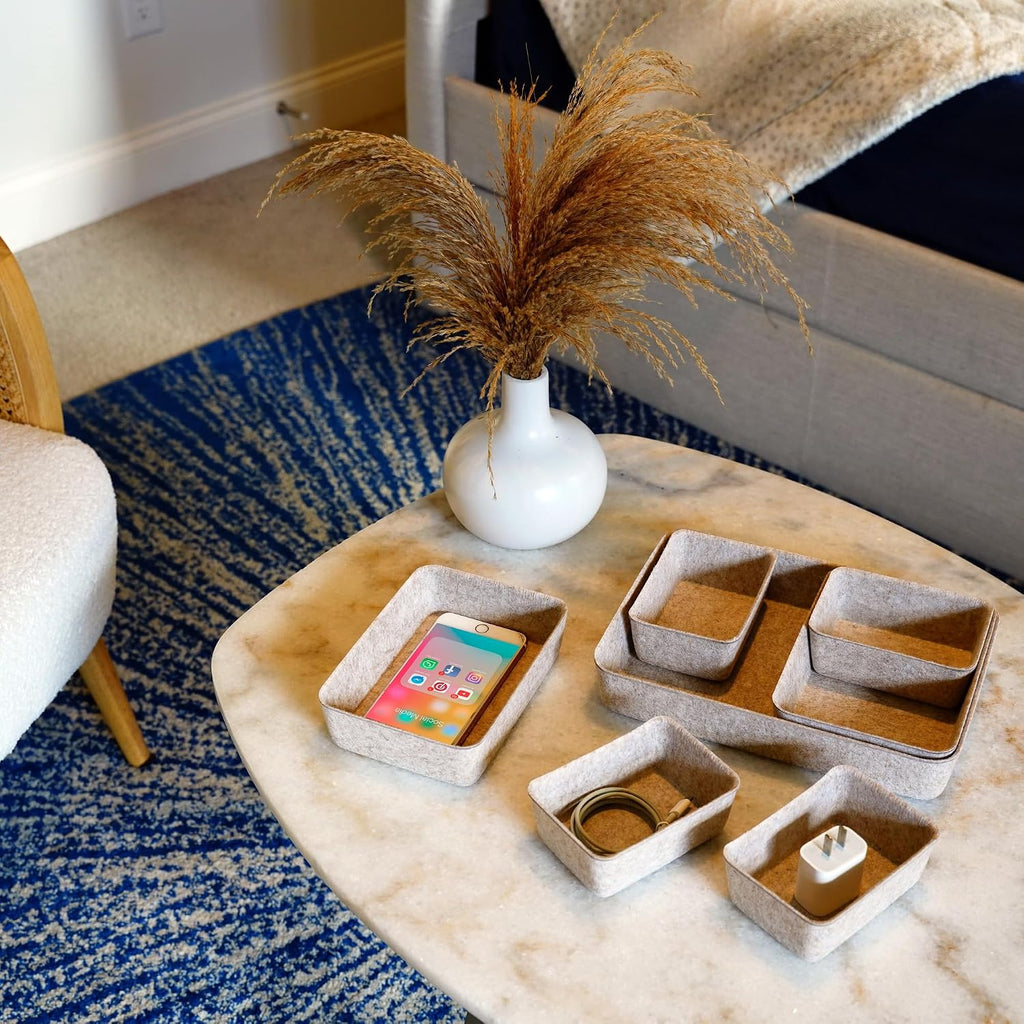 Office Drawer organizers felt storage bins Shallow Small Desk trays Draw dividers Nordic Lifestyle Natural Scandinavian-chic style 7-piece (Oatmeal) | Sustainable material soft yet sturdy,multi-purpose storage, sleek minimalist lifestyle - view 2