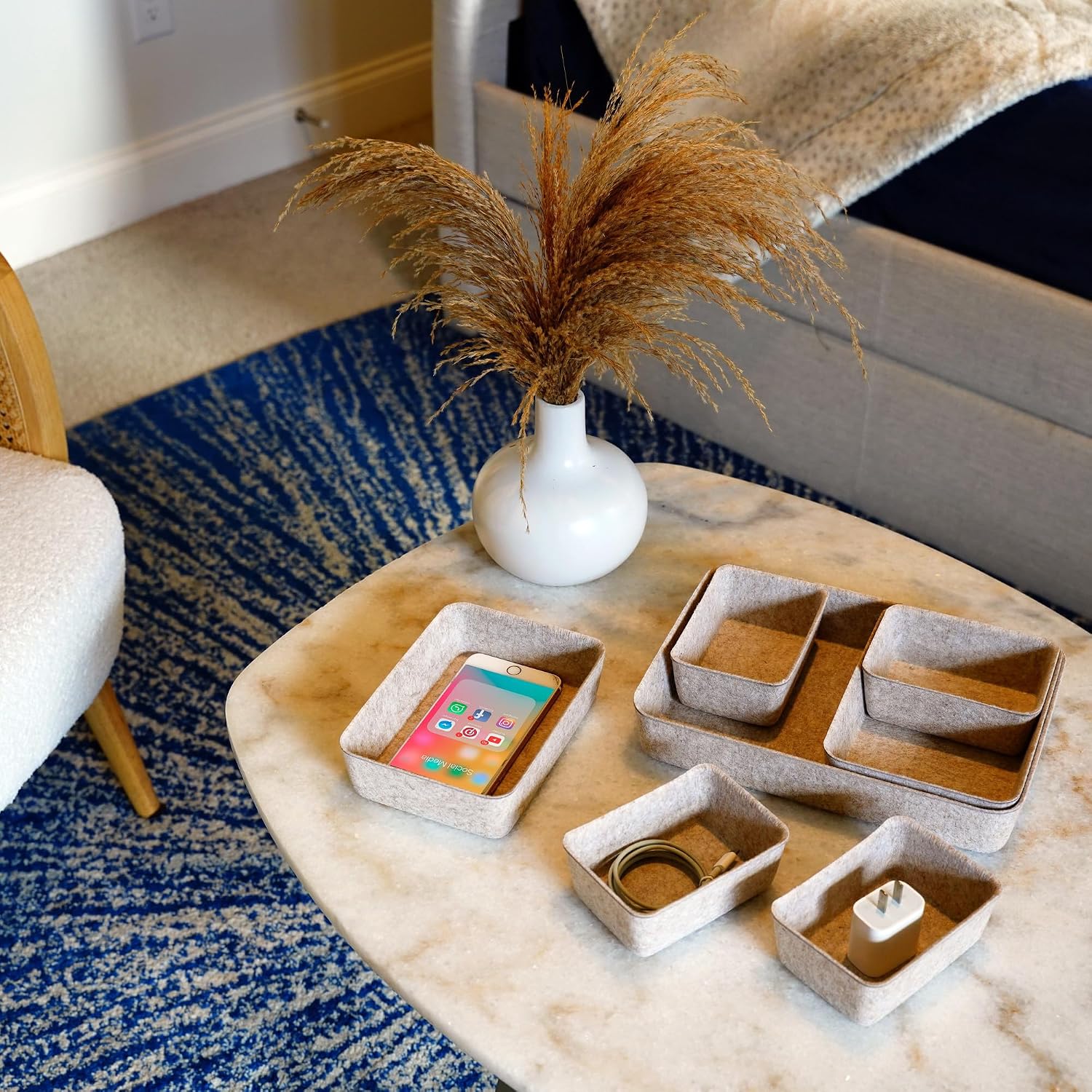 Office Drawer organizers felt storage bins Shallow Small Desk trays Draw dividers Nordic Lifestyle Natural Scandinavian-chic style 7-piece (Oatmeal) | Sustainable material soft yet sturdy,multi-purpose storage, sleek minimalist lifestyle - view 2