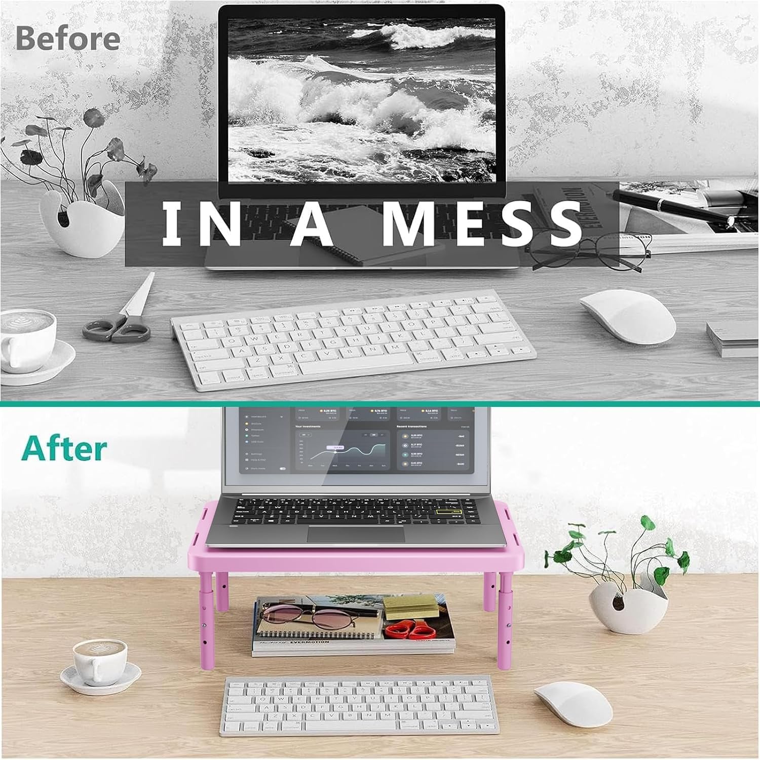 Computer Monitor Stand for Desk, Adjustable Laptop Riser, up to 44 lbs | Desk Monitor Riser Underneath Storage, Fits Notebook, Laptops, Printers, for Home, Office, School (PTT001-P),1 Pack, Pink - view 7