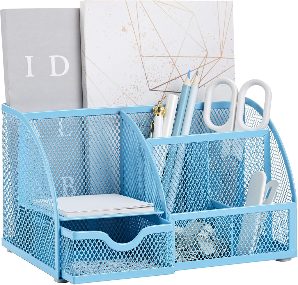 Mesh Desk Organizer Office with 7 Compartments + Drawer/Desk Tidy Candy/Pen Holder/Multifunctional Organizer (New Blue23) - view 5