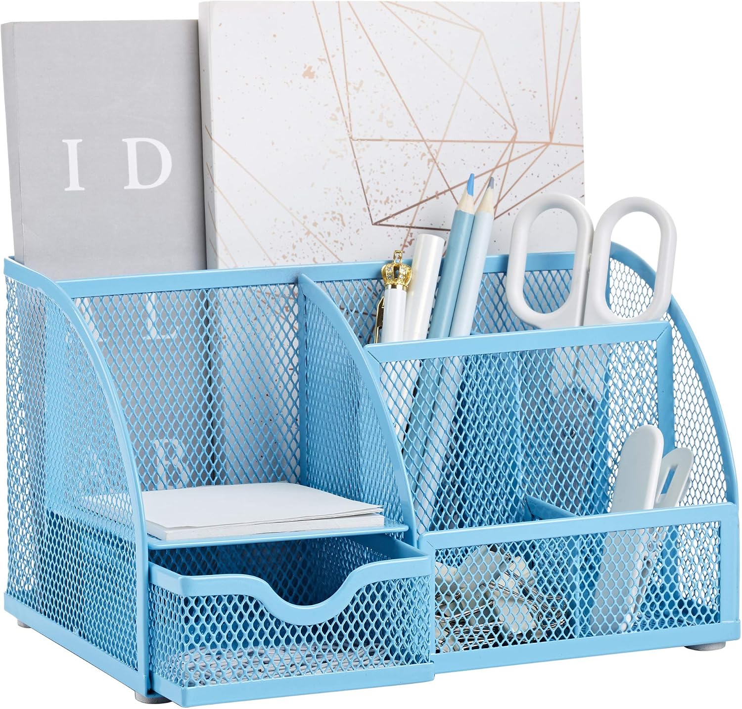 Mesh Desk Organizer Office with 7 Compartments + Drawer/Desk Tidy Candy/Pen Holder/Multifunctional Organizer (New Blue23) - view 5
