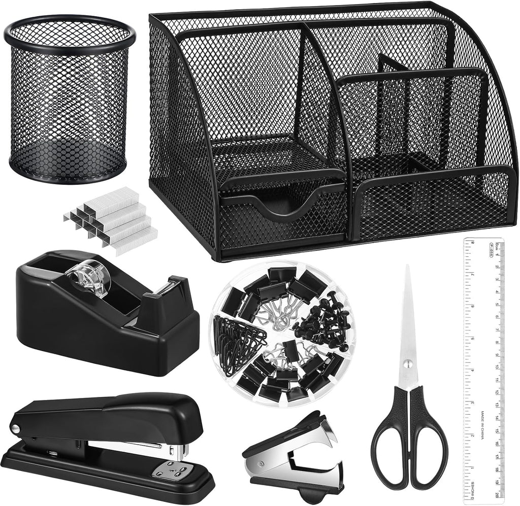 Black desk organizer and accessories, black desk accessories office supply kit include mesh desktop organizer stapler 1000 staples tape dispenser pen holder staple remover clips ruler scissors