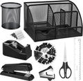 Black desk organizer and accessories, black desk accessories office supply kit include mesh desktop organizer stapler 1000 staples tape dispenser pen holder staple remover clips ruler scissors