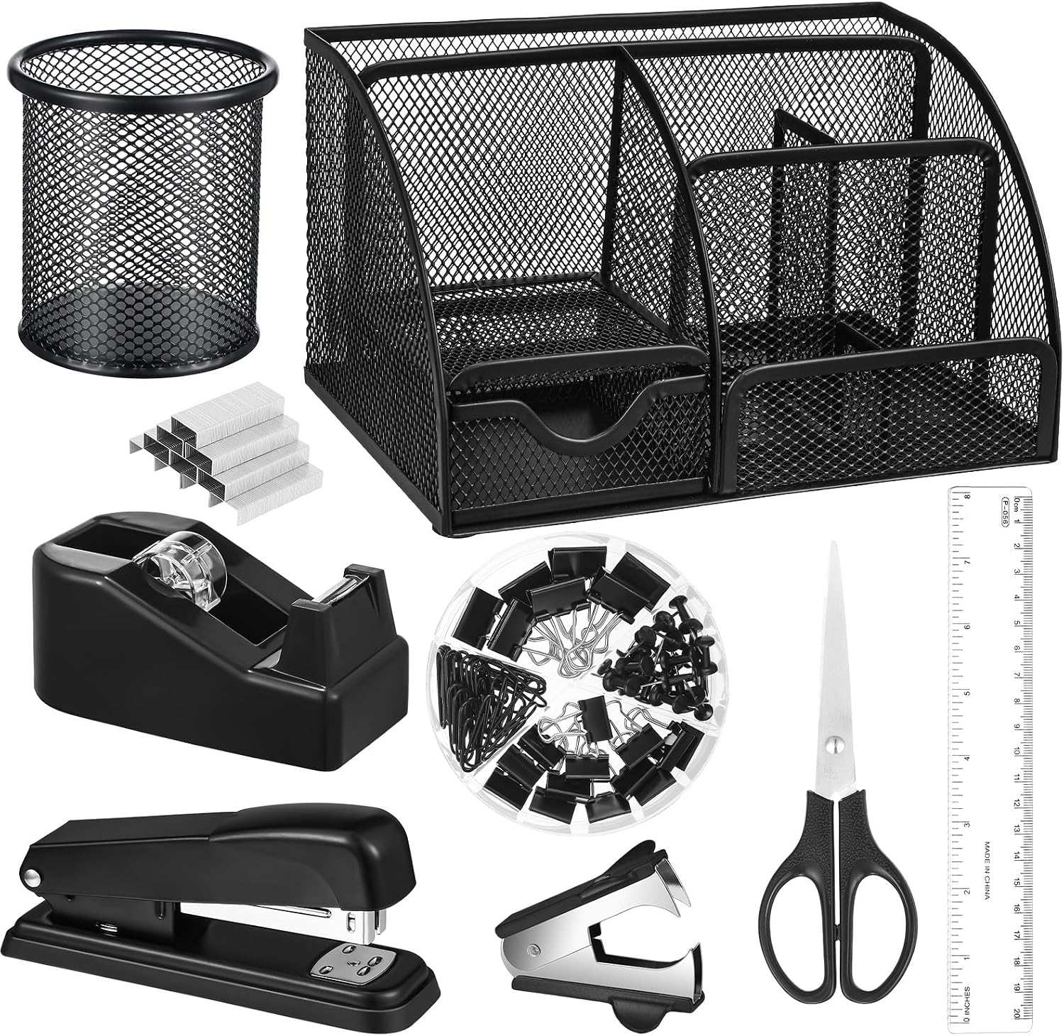 Black desk organizer and accessories, black desk accessories office supply kit include mesh desktop organizer stapler 1000 staples tape dispenser pen holder staple remover clips ruler scissors